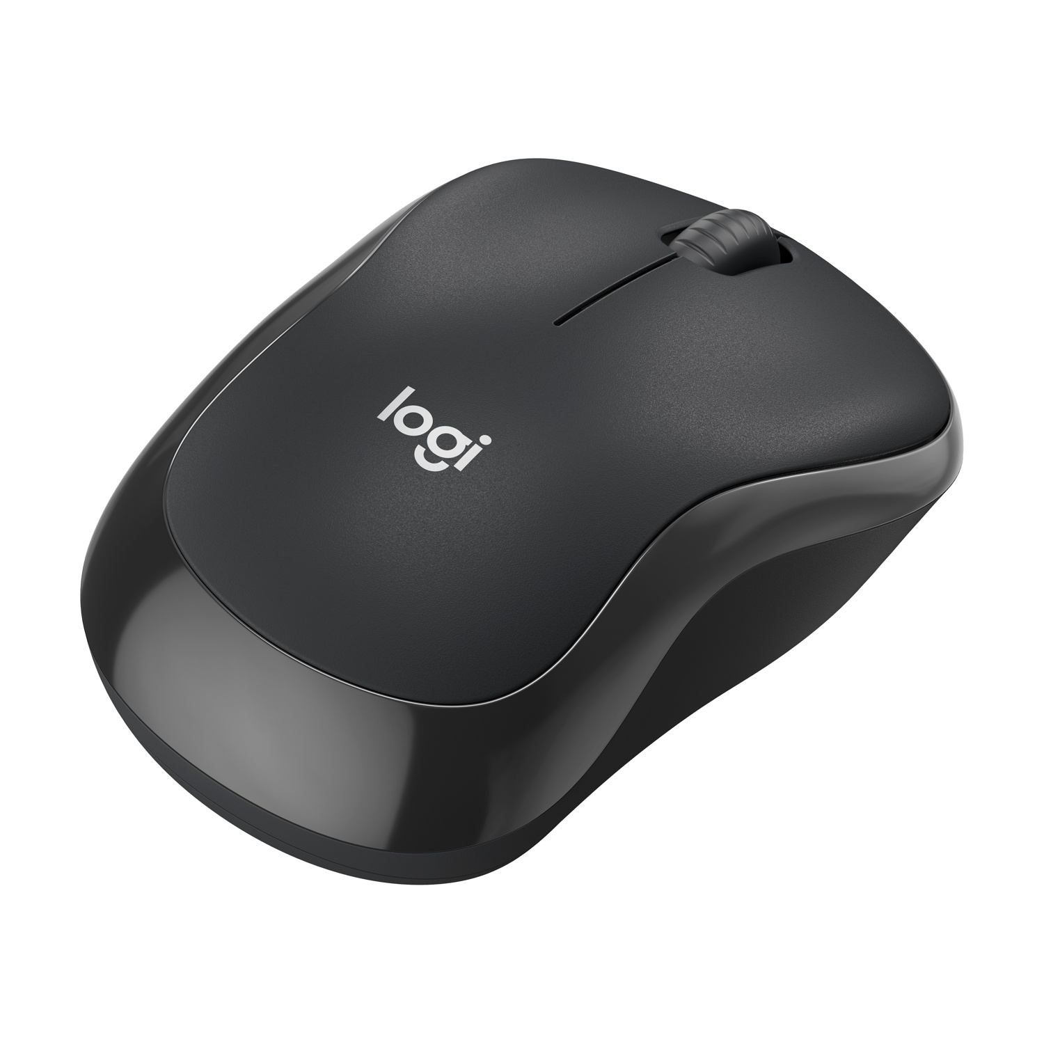 Mouse wireless nero con rotella e logo Logitech. Vista dall'alto, sfondo bianco.