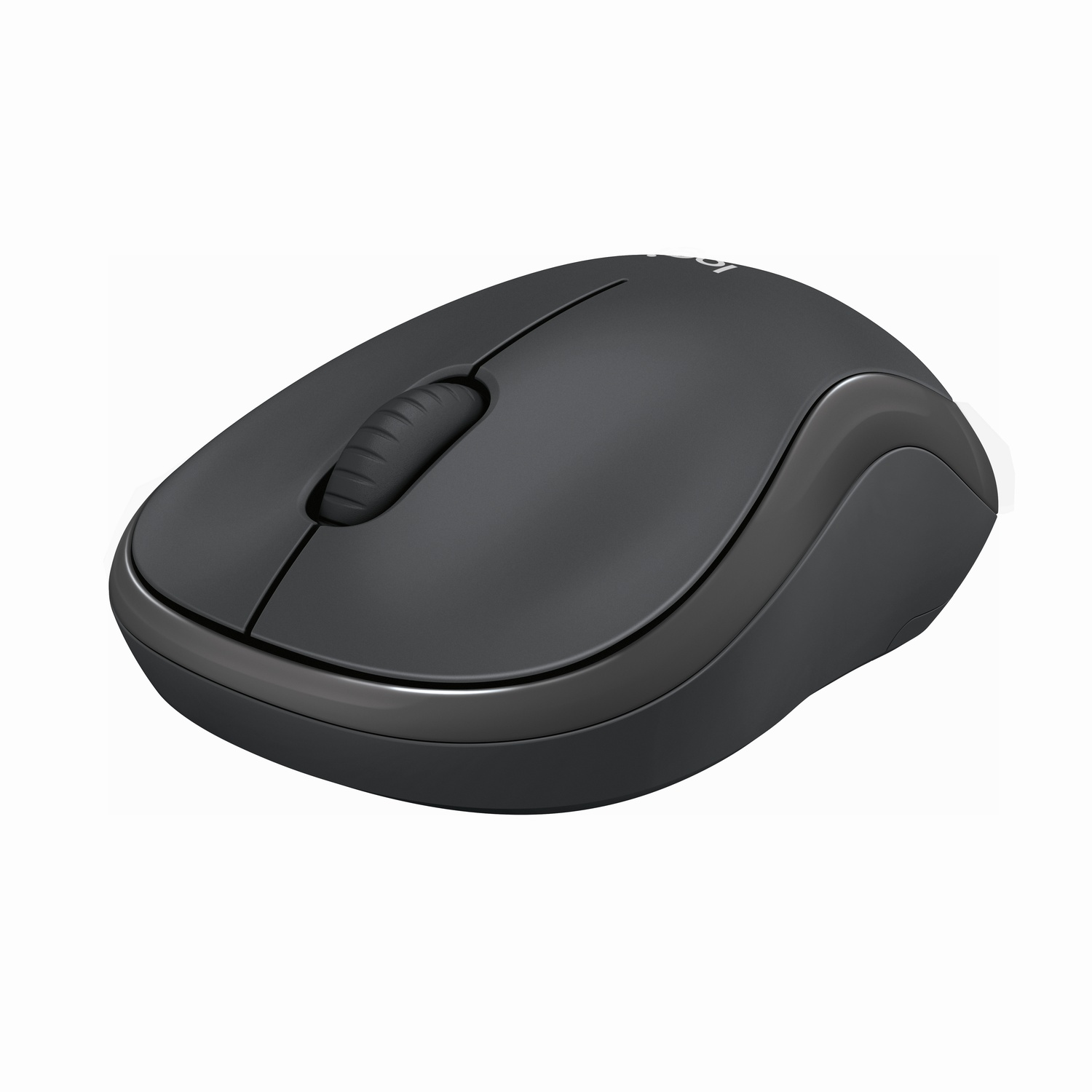 Un mouse per computer grigio scuro con una rotella di scorrimento e una finitura argentata.