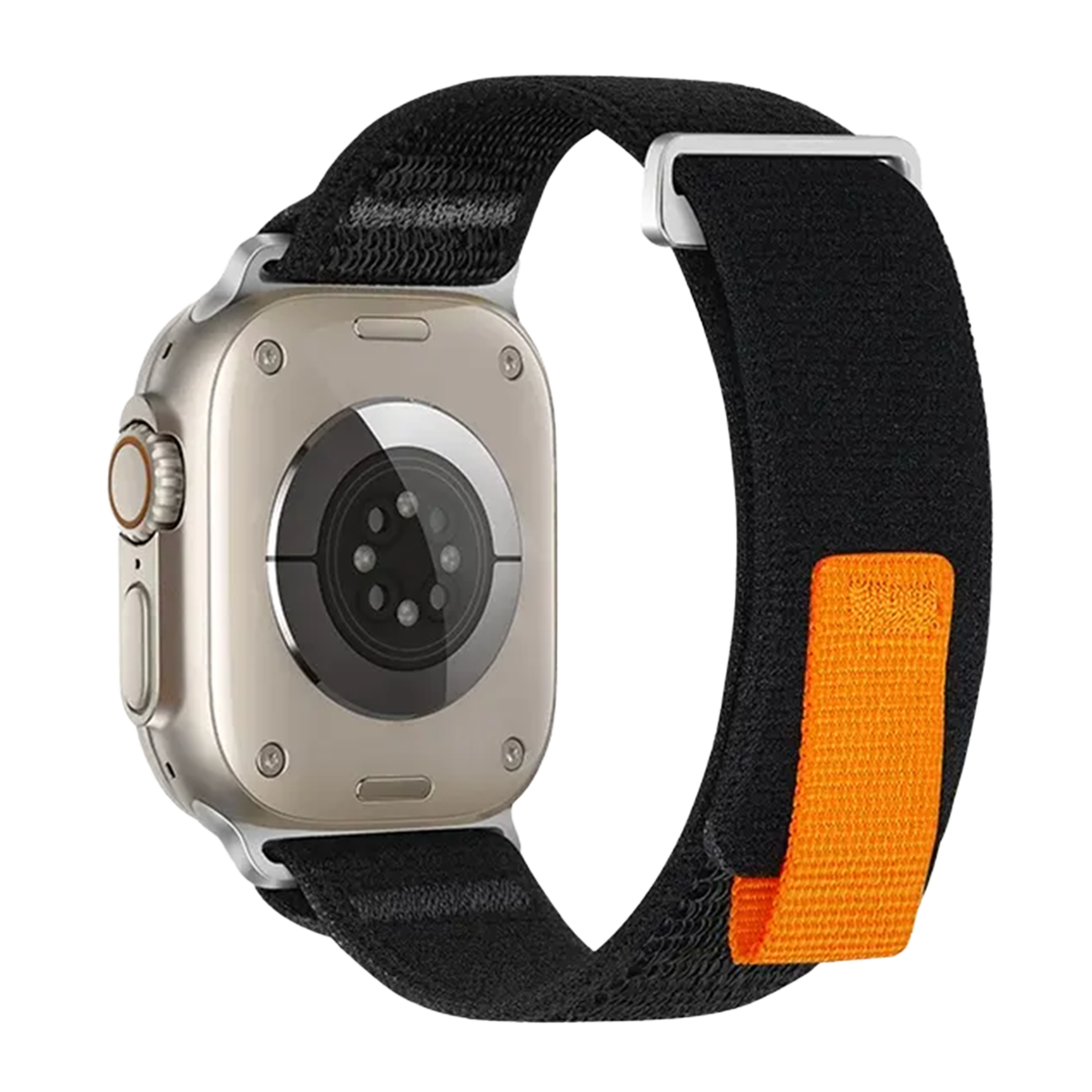 Siyah kayışlı ve turuncu detaylı gümüş Apple Watch.