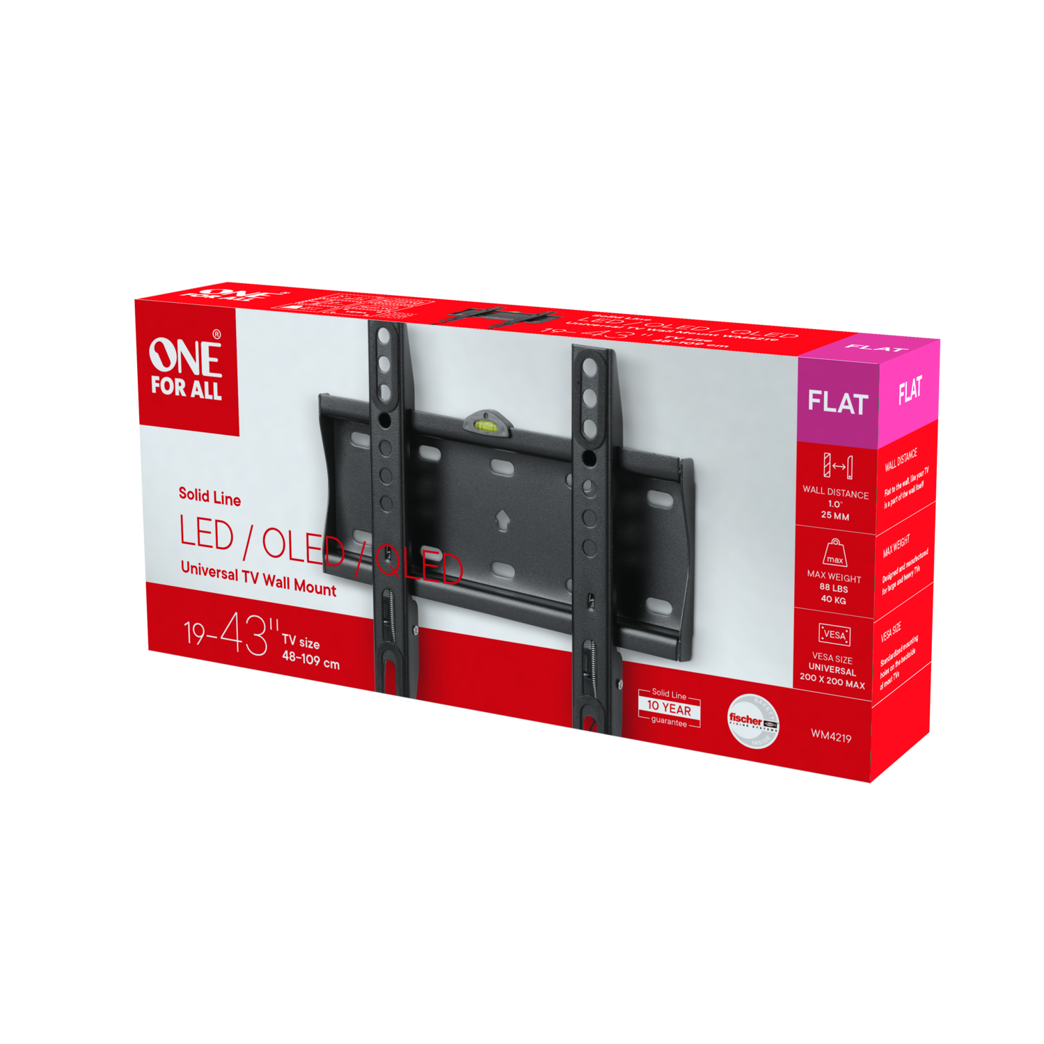 Een platte tv-wandbevestiging in een doos met productdetails en specificaties.