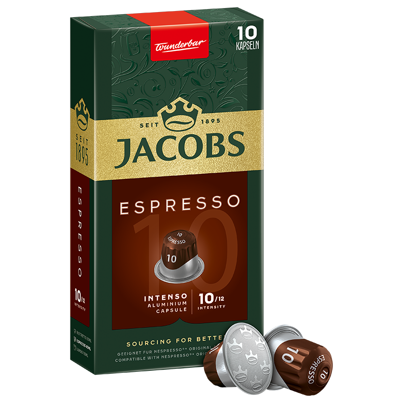 Pudełko kapsułek do kawy Jacobs Espresso. Pudełko jest ciemnozielone ze złotym tekstem.