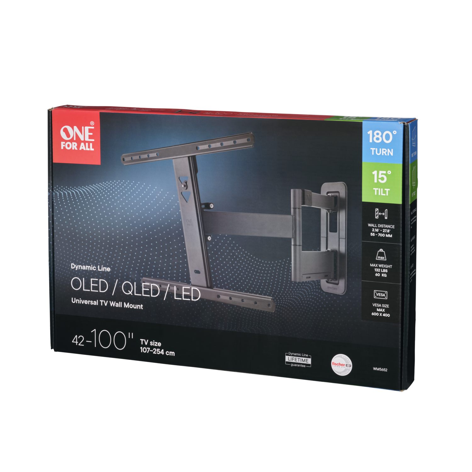 One For All TV-wandmontagebox met productkenmerken erop weergegeven.
