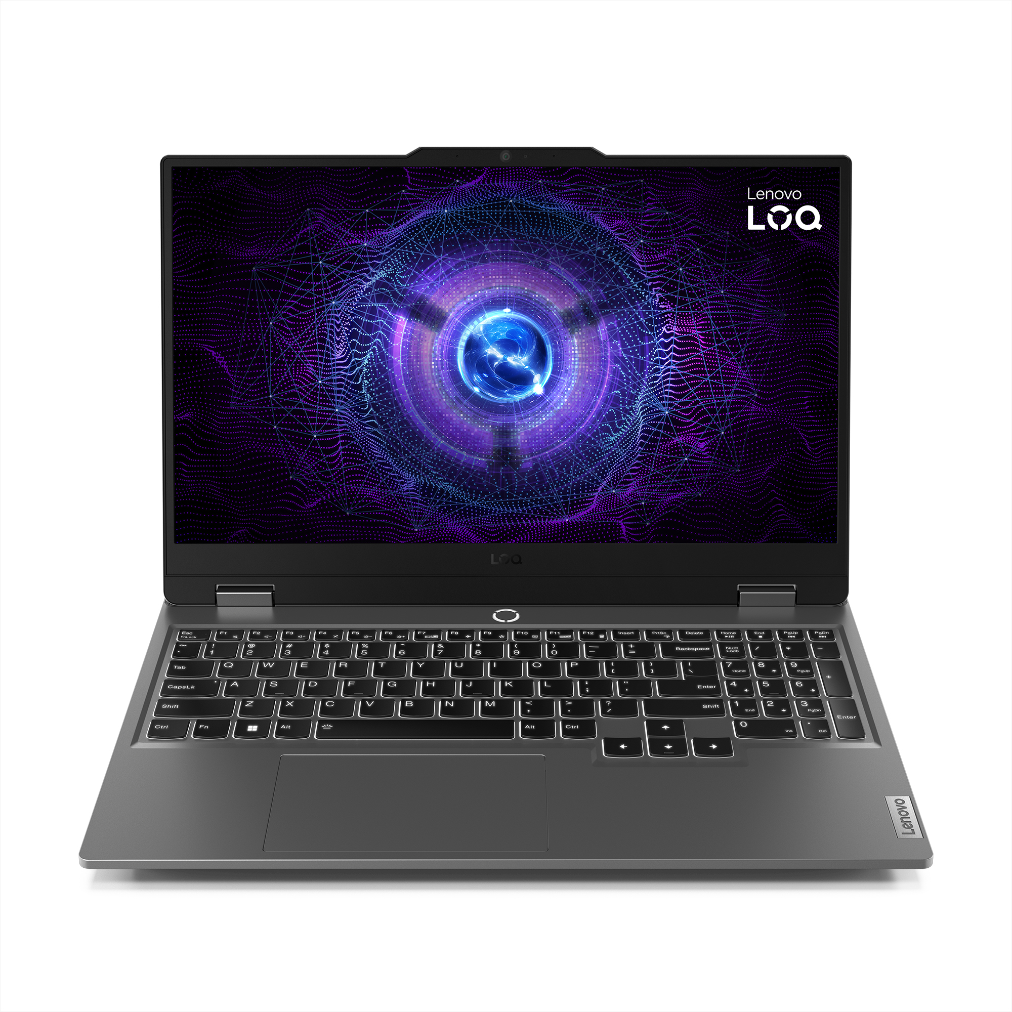 Laptop Lenovo LOQ, otwarty, wyświetlający kolorową grafikę. Widoczna klawiatura.