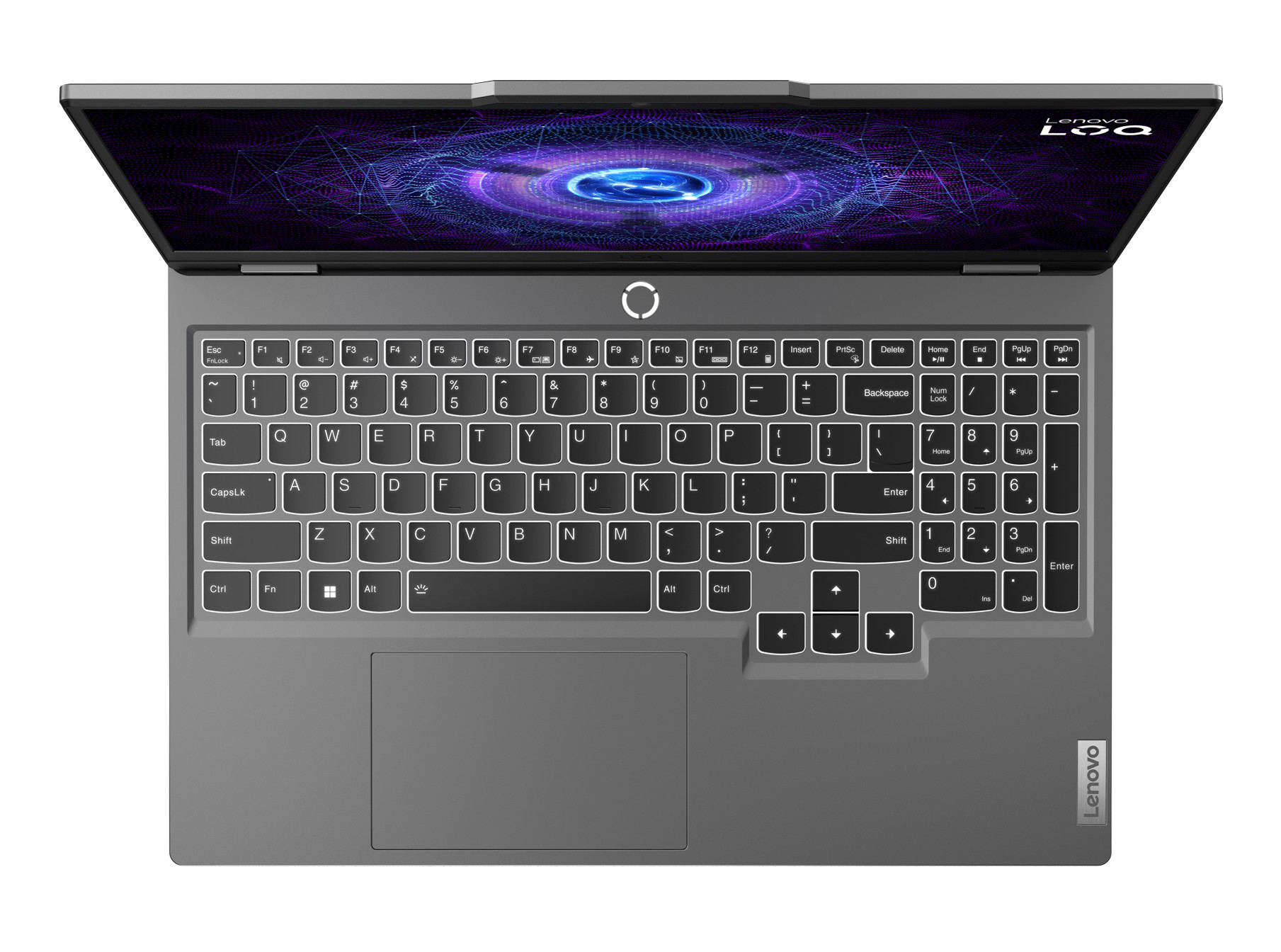 Laptop, widok z góry, otwarty. Klawiatura widoczna, szary kolor. Logo Lenovo na dole. Czarne tło.