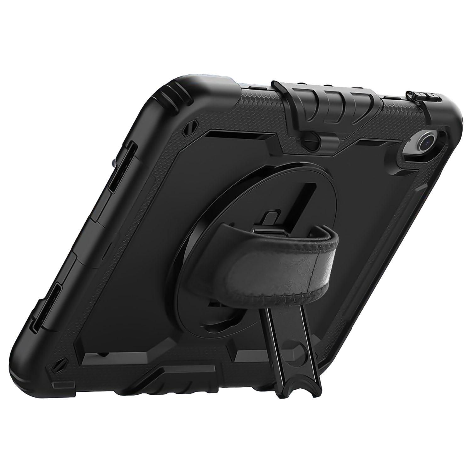 A black tablet case with a strap and a stand, on a black background.