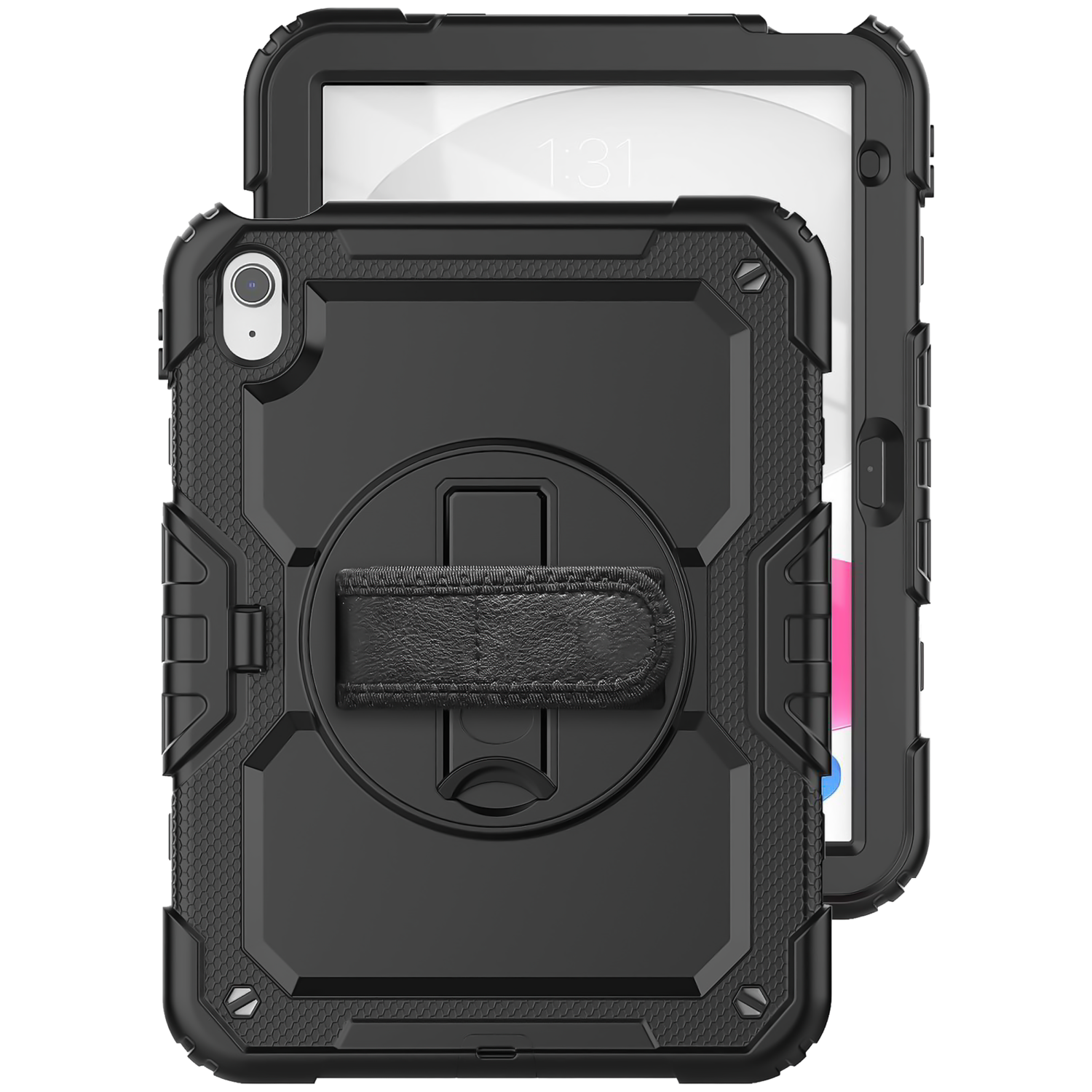 Black iPad case with a handle and protective design, another iPad behind.