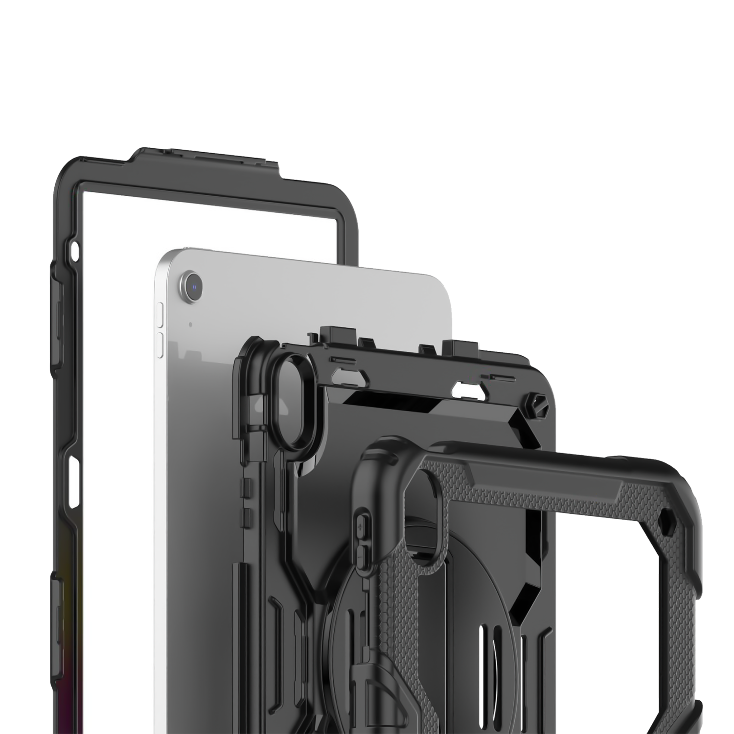 Tablet in protective case. Black case with grip handle, white tablet, black background.