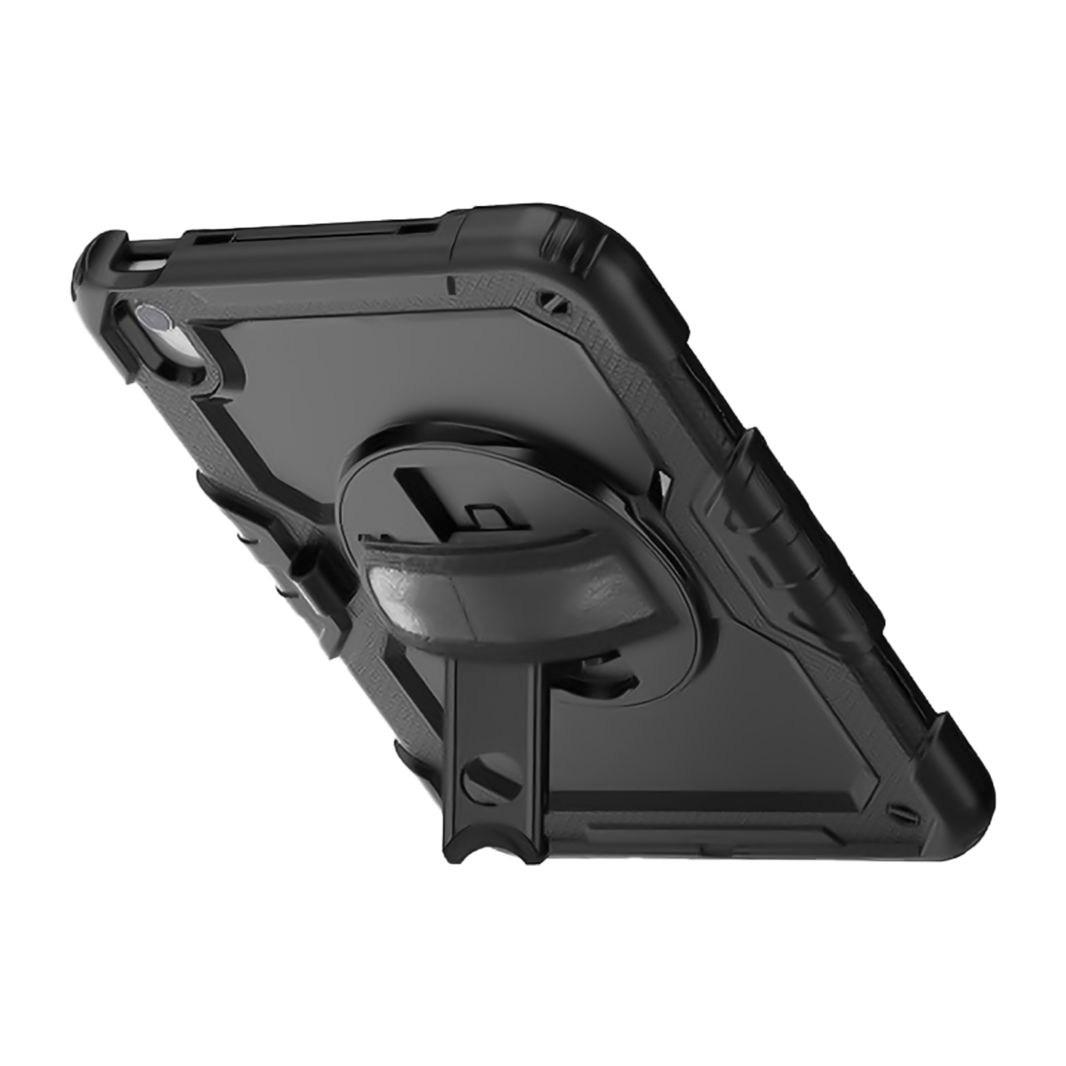 A black tablet case with a built-in kickstand, seen from an angle against a black background.