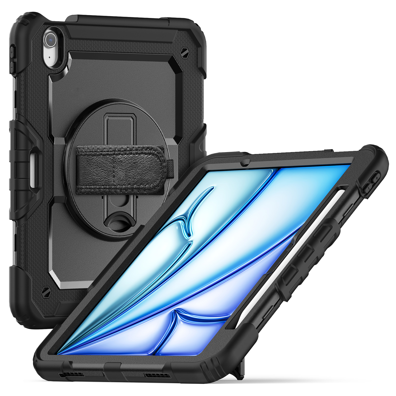 Black tablet with protective case. Case has a hand strap. White background.