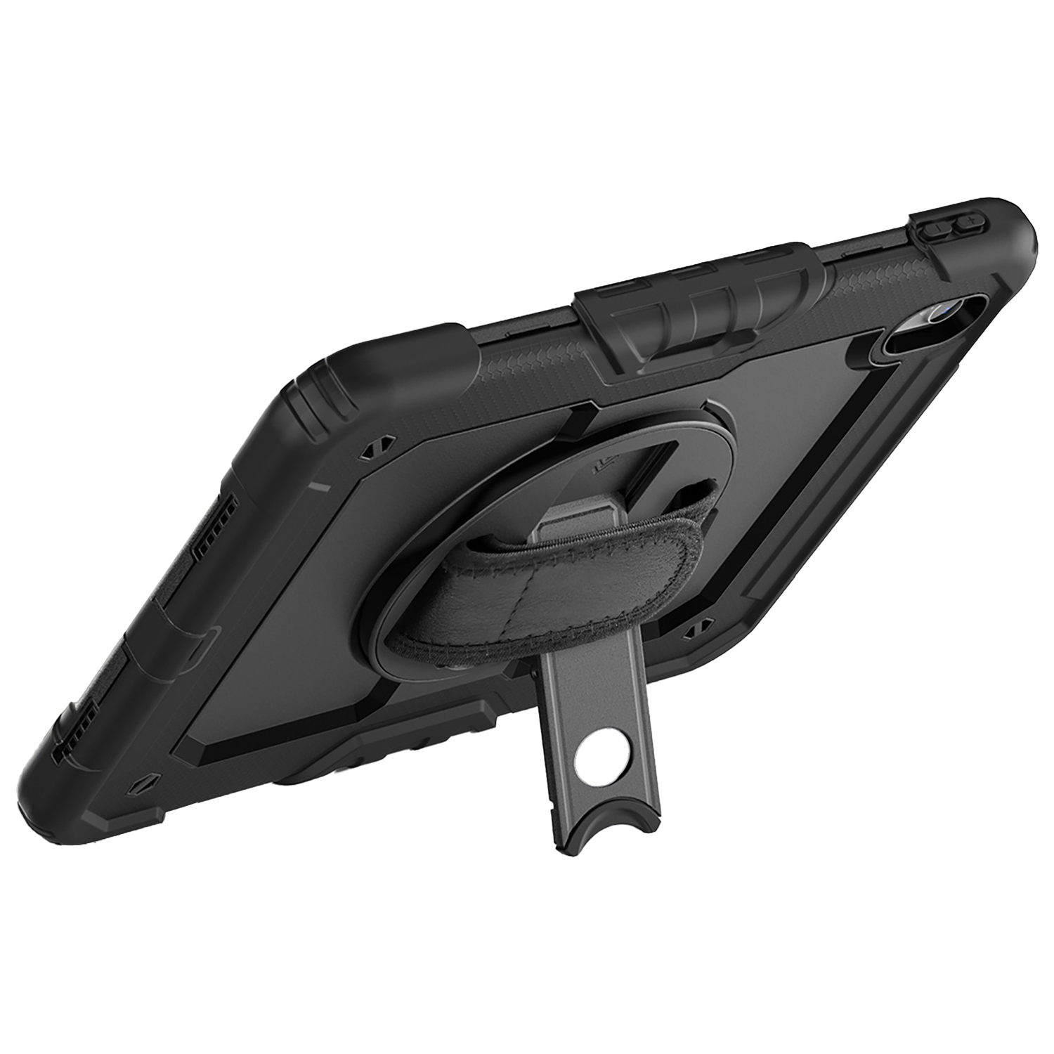 Black tablet in a protective case. It is propped up by a kickstand on a table.