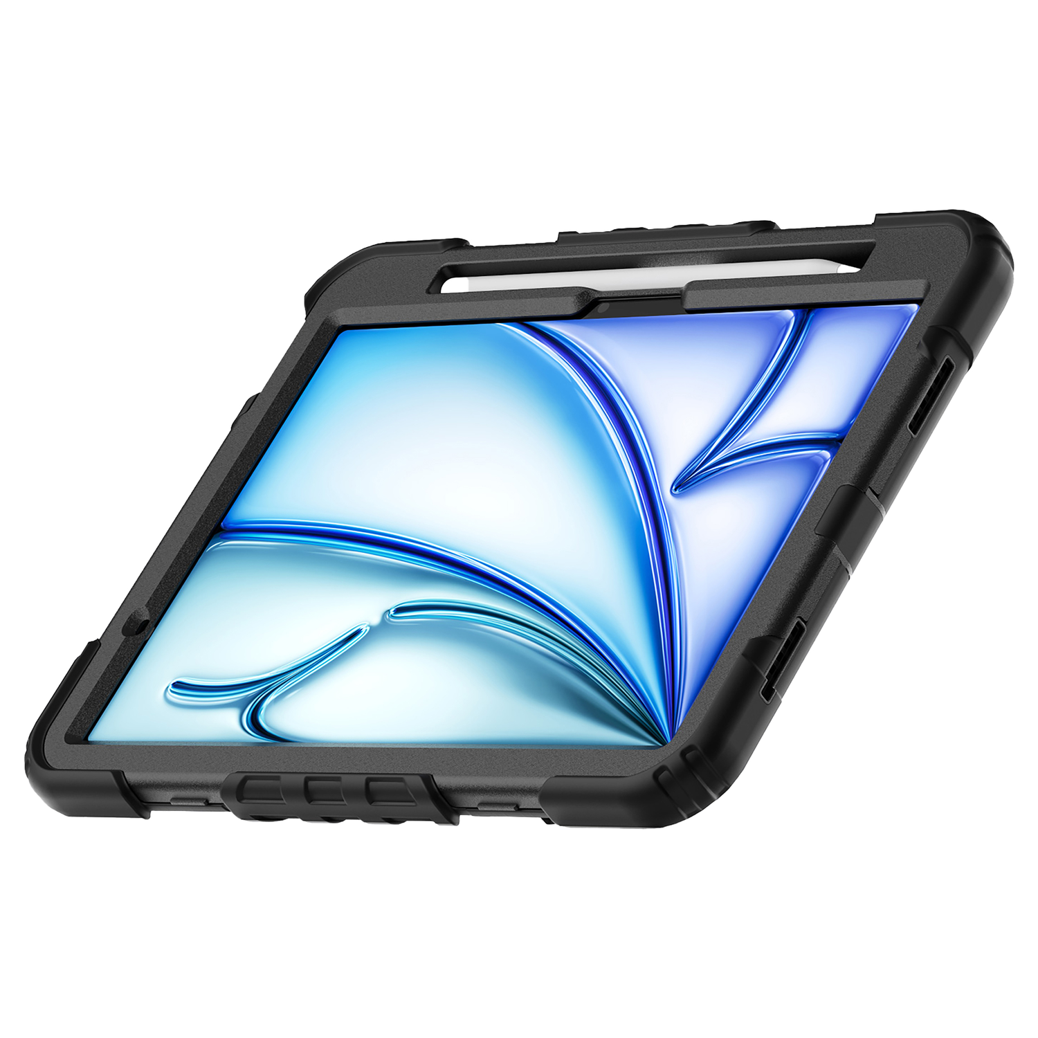 Black tablet case with stylus. Tablet displays a blue and white image.