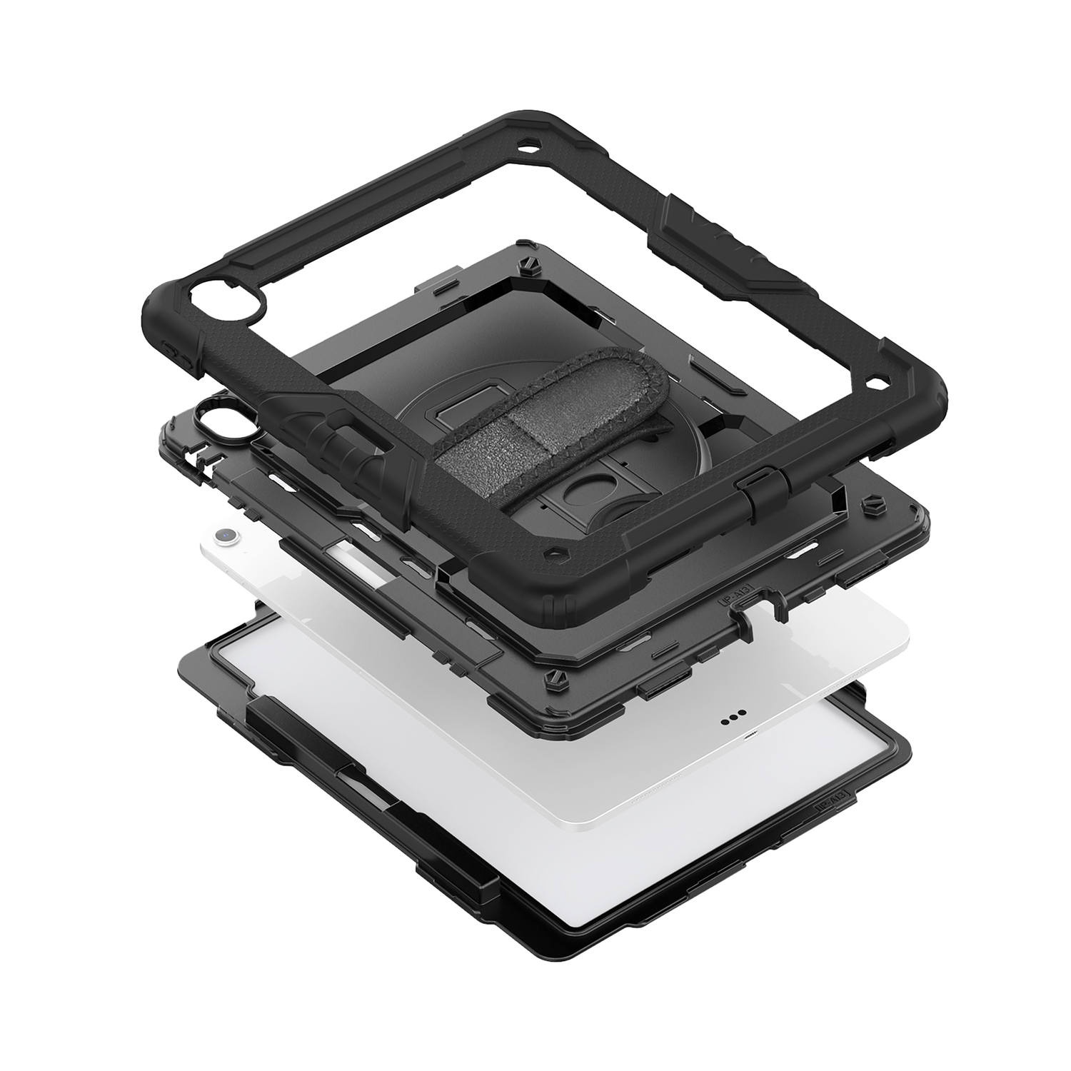 Exploded view of a black protective case for a tablet.