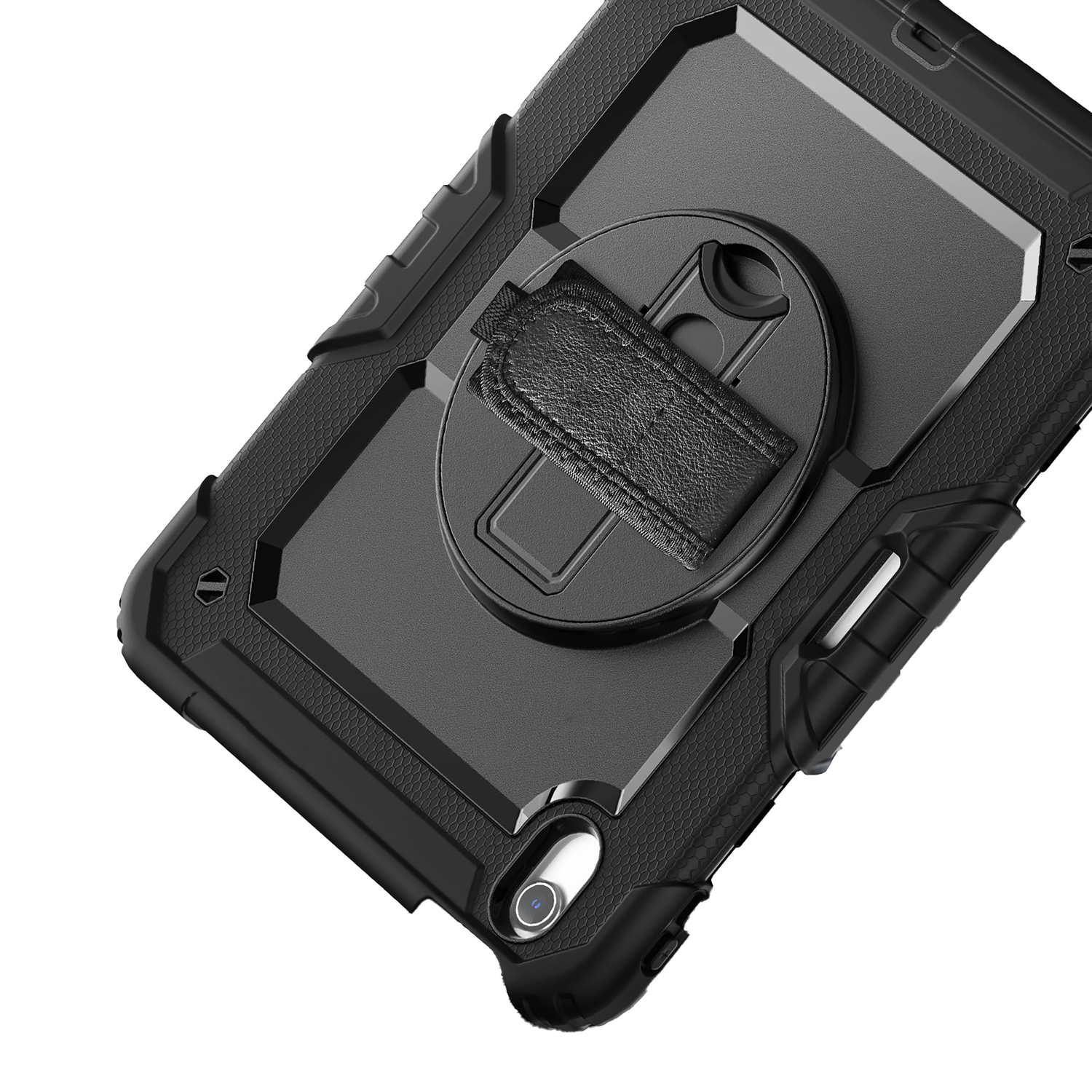 Black tablet case with a handle. It has a textured surface and a camera cutout.