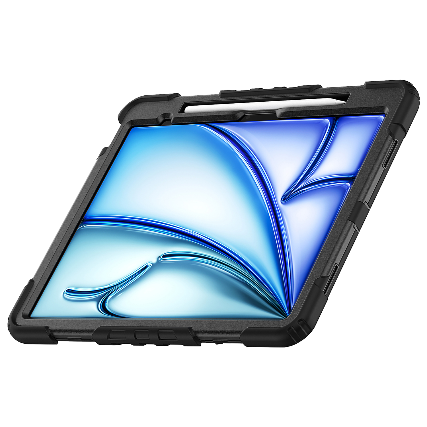 Black tablet case with a tablet and a stylus pen. White background.