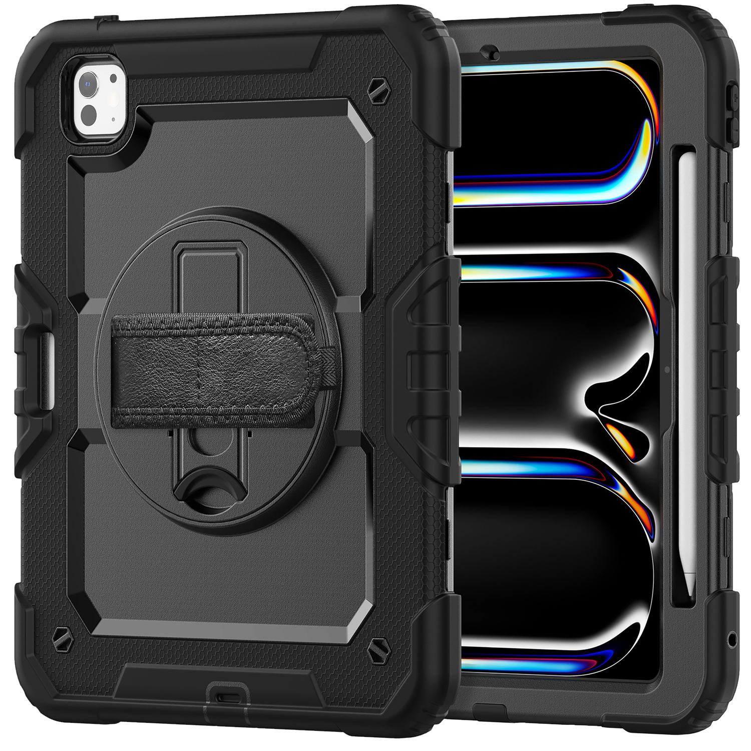 Black protective case with a hand strap holding an iPad Pro on white background.