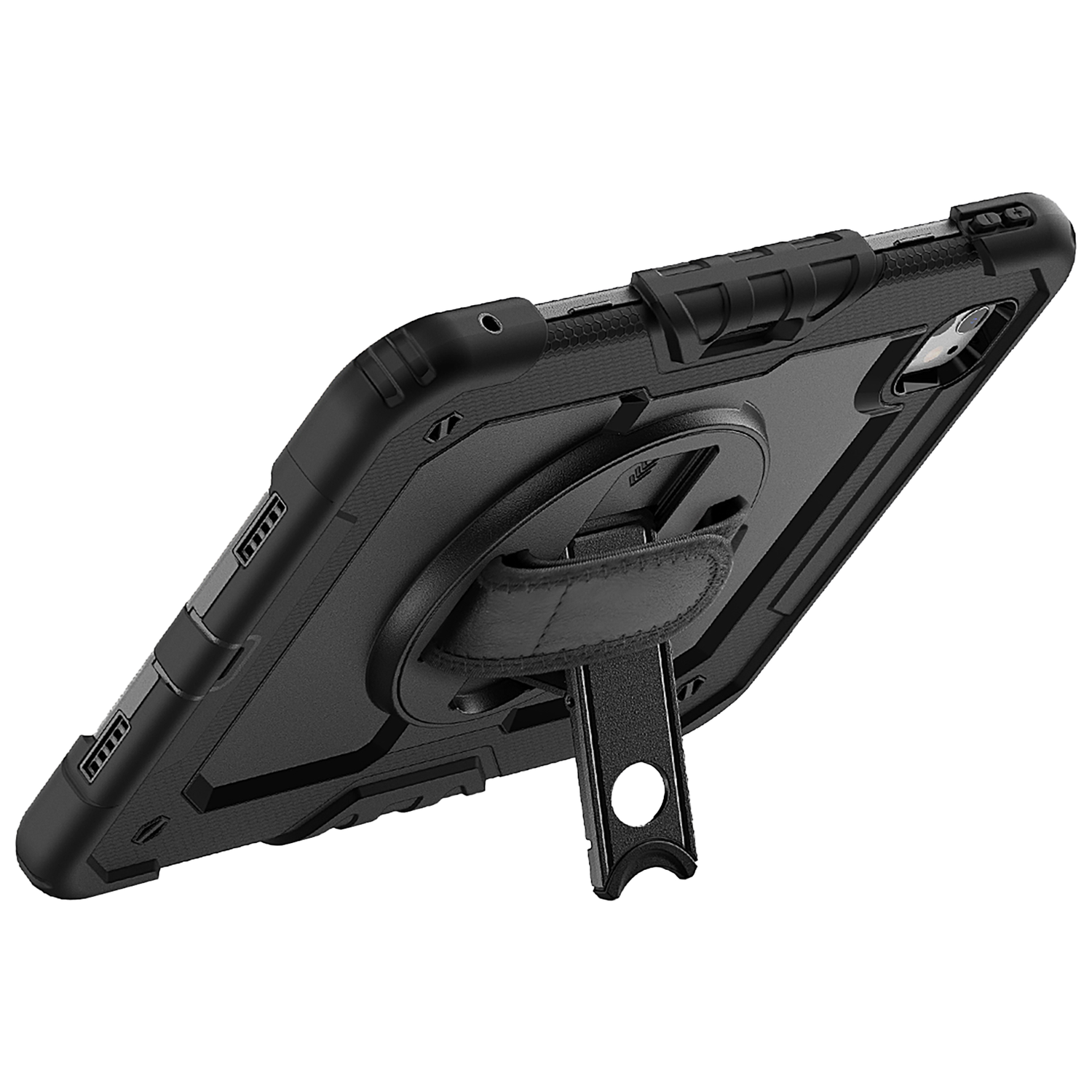 Black tablet in a rugged case with a stand. The stand is angled.