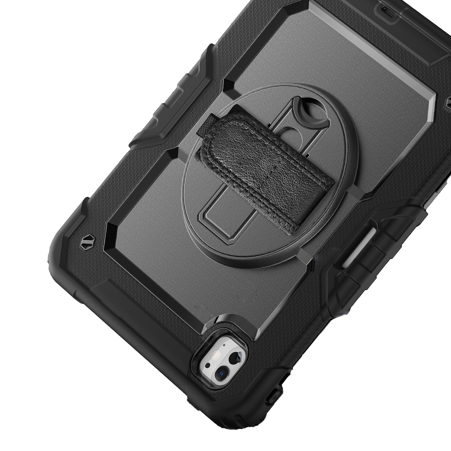 Black iPad case with hand strap, corner view, close-up.