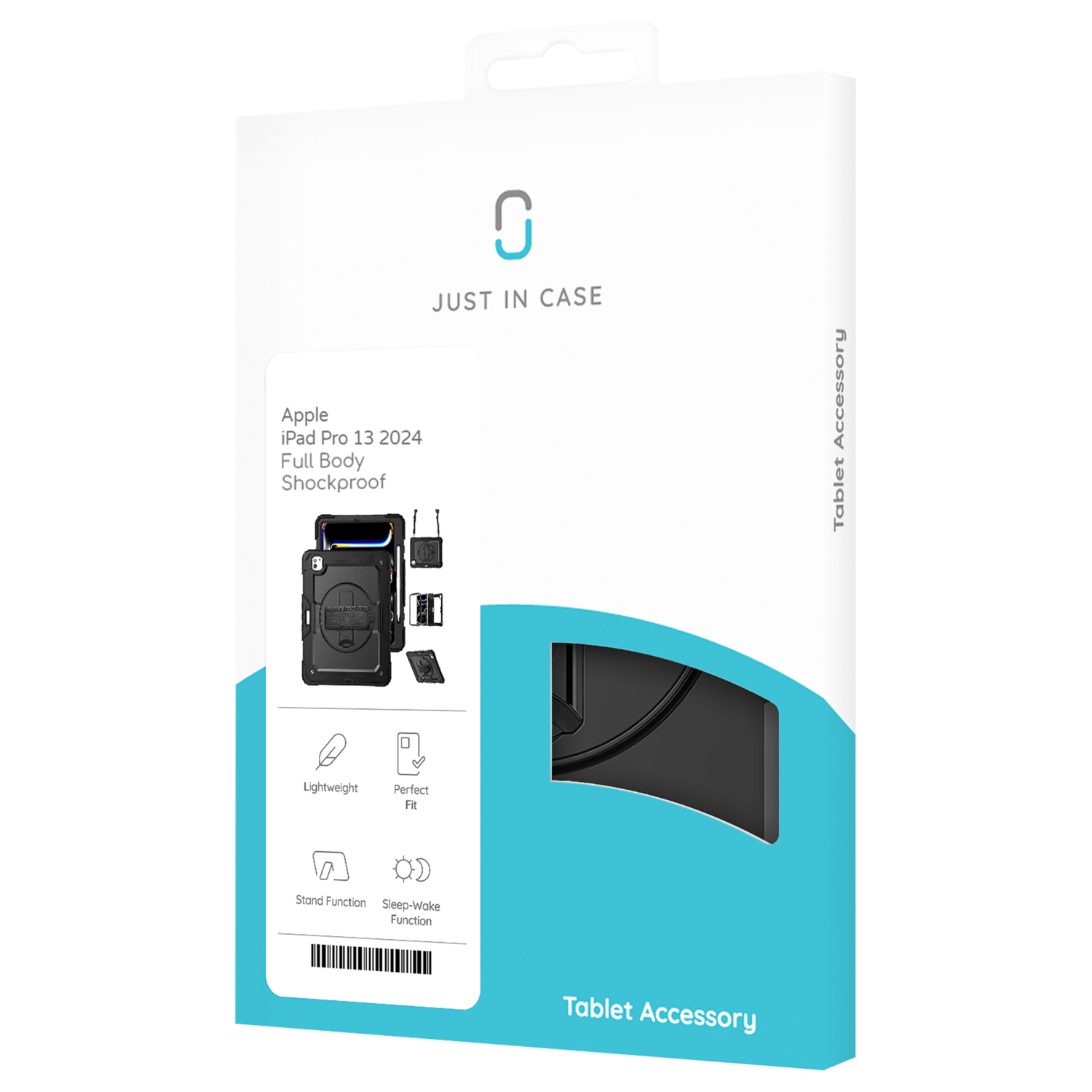 White and black iPad case box. It has a picture of the case and its features.
