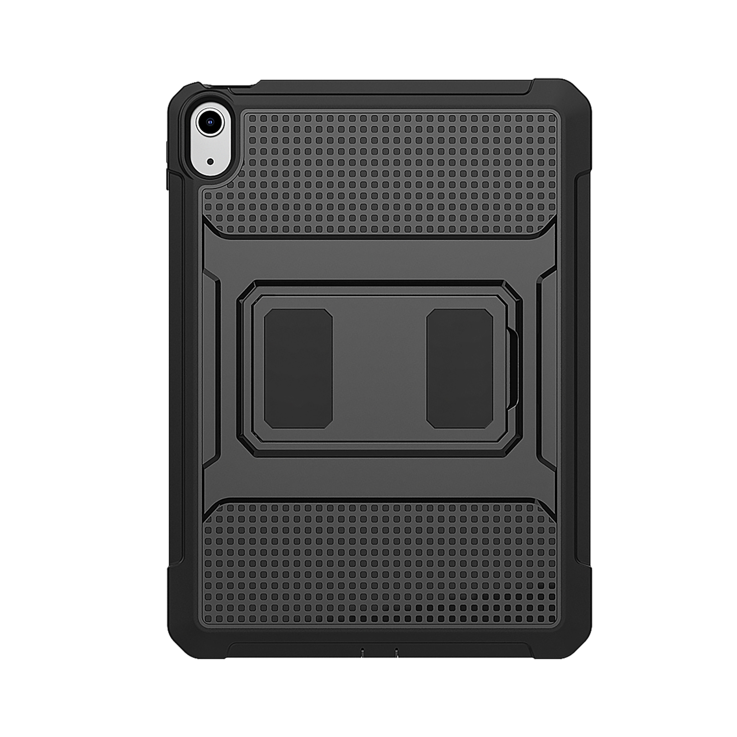 Black tablet case with a textured surface and a central support feature.