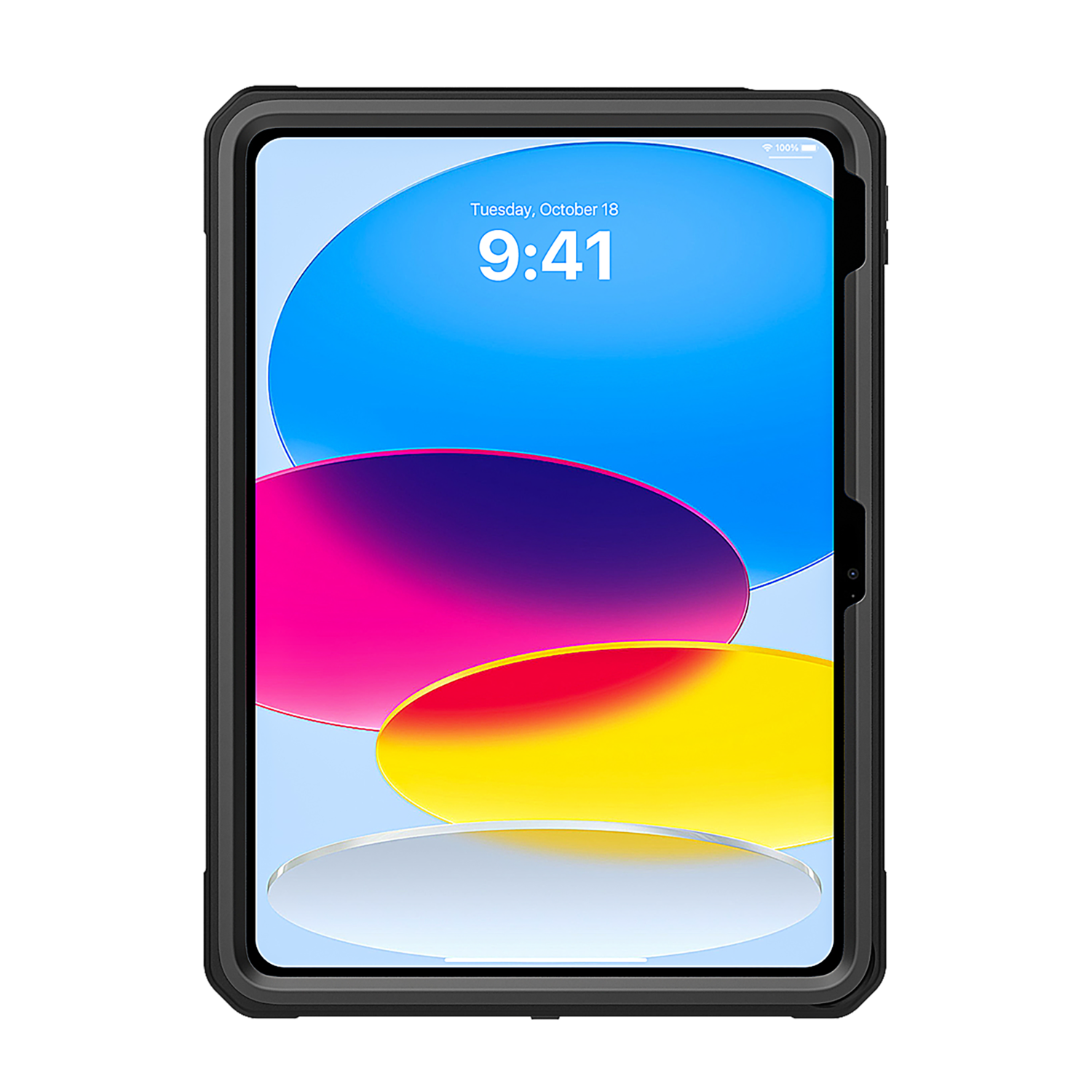 An iPad with a black case, displaying a colorful abstract wallpaper.