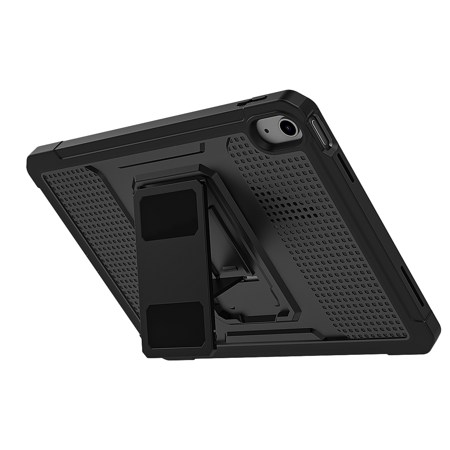 A black iPad case with a kickstand, angled towards the viewer.