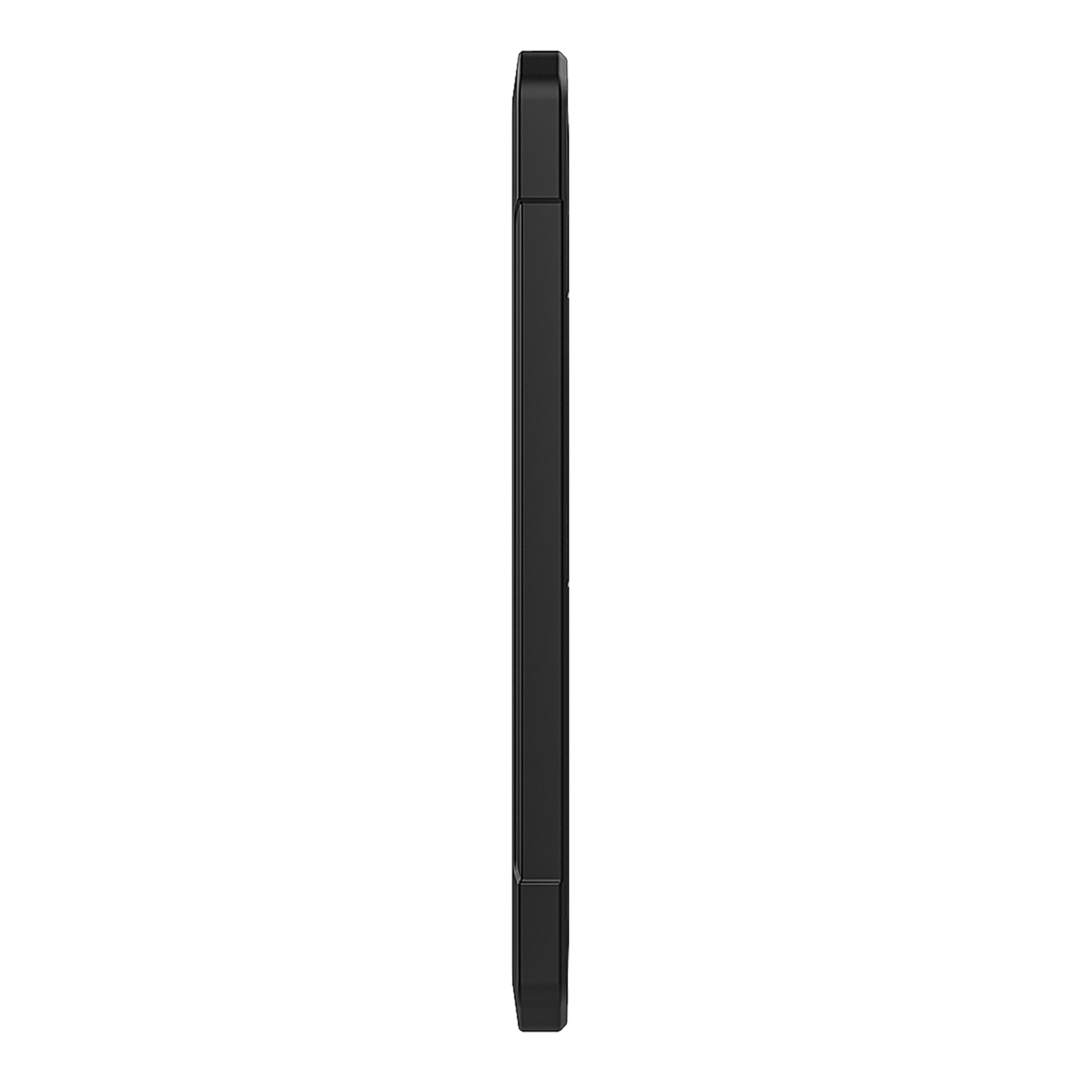 A black phone case, side view. It is a rectangular shape with a smooth, matte finish.
