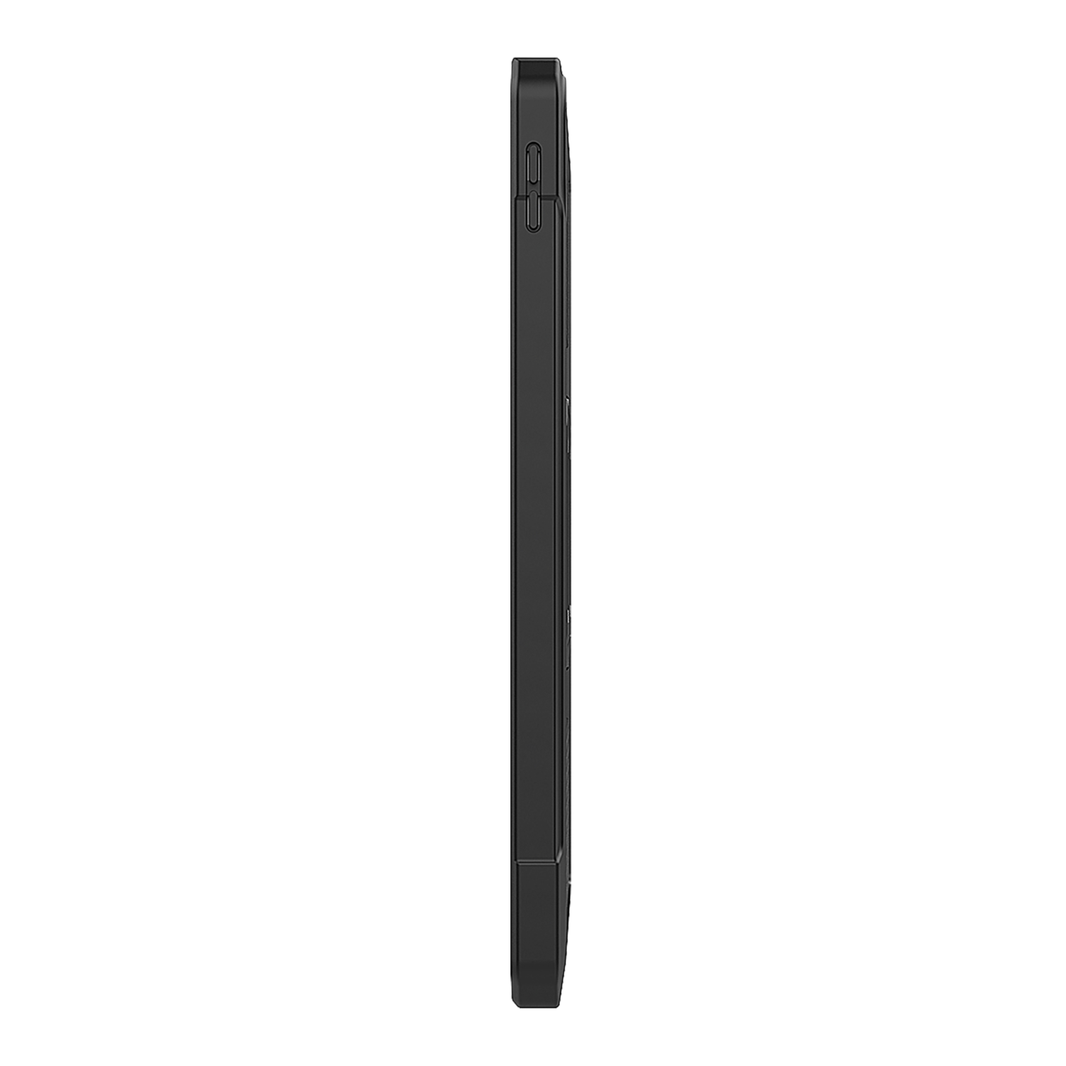 Side view of a black tablet case. The case is closed.