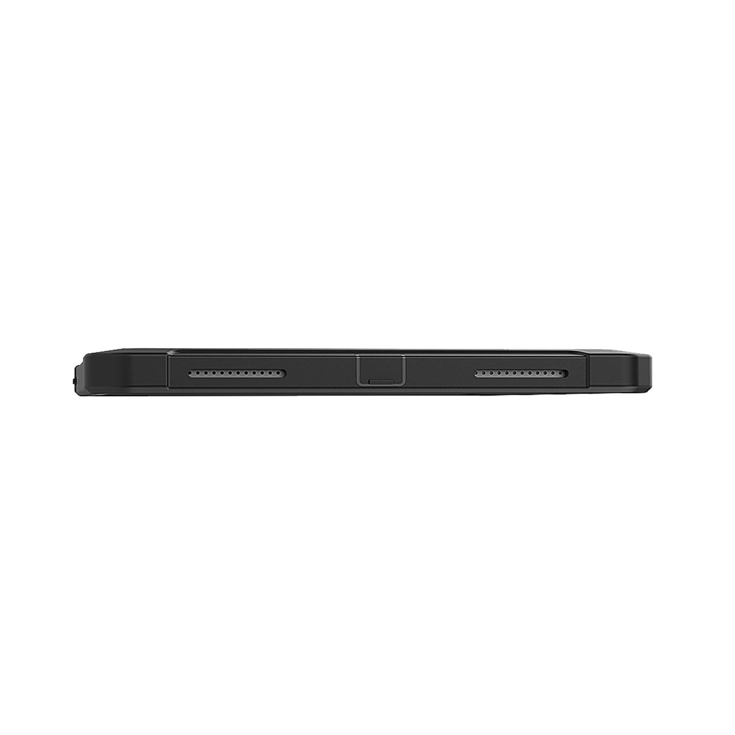 Black, rectangular device, possibly a tablet or phone, viewed from the bottom.