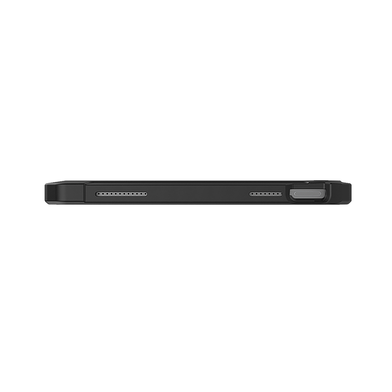 Black, rectangular phone case. Side view, shows buttons, and openings for ports.