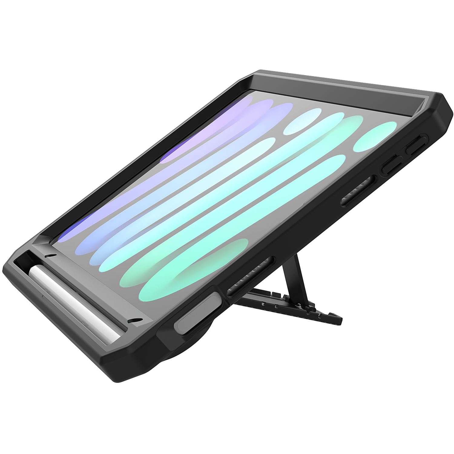 A black tablet in a protective case, propped up with a stand, on a white background.