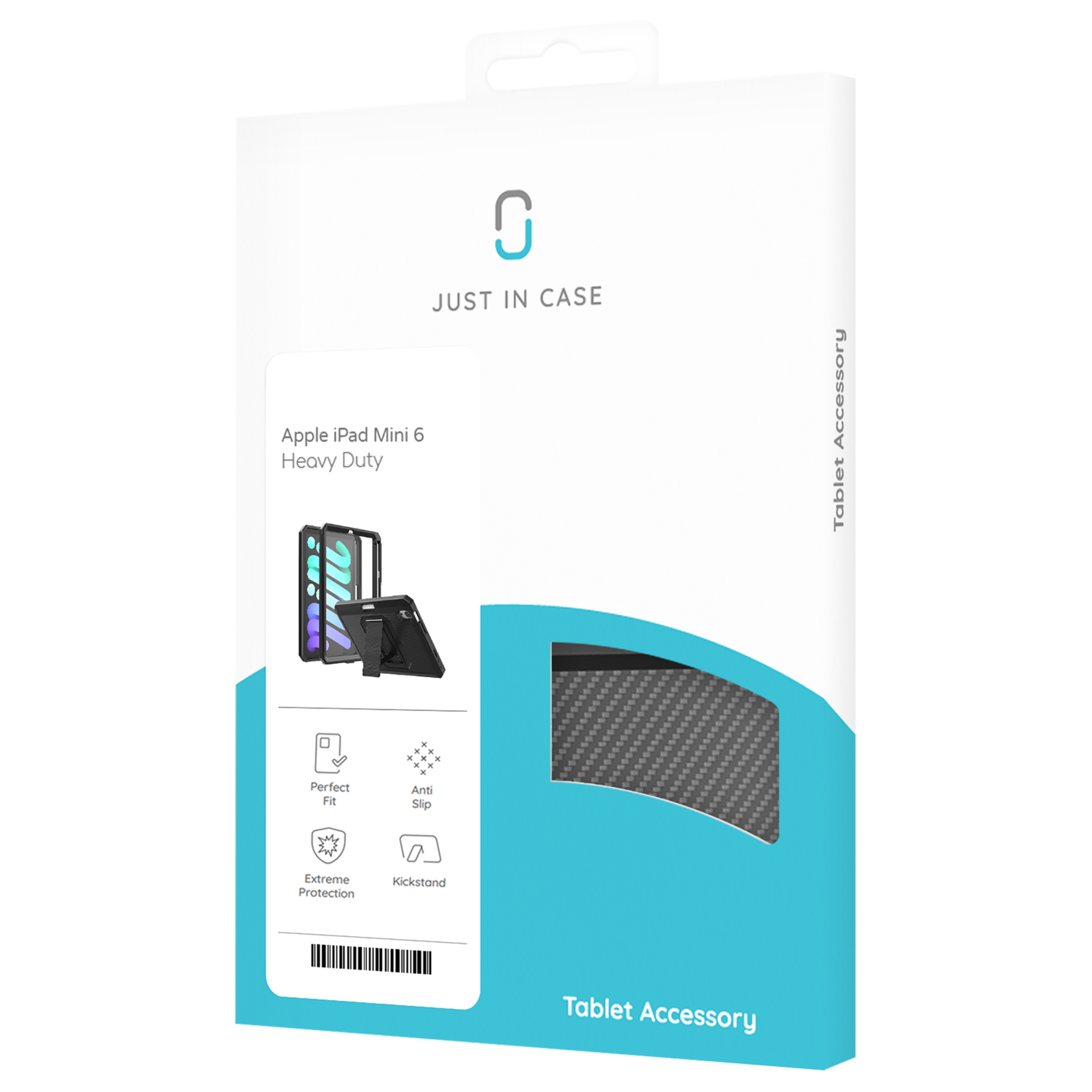 A tablet case package shows a case, with a black carbon fiber design. 'Just in Case' logo is visible.