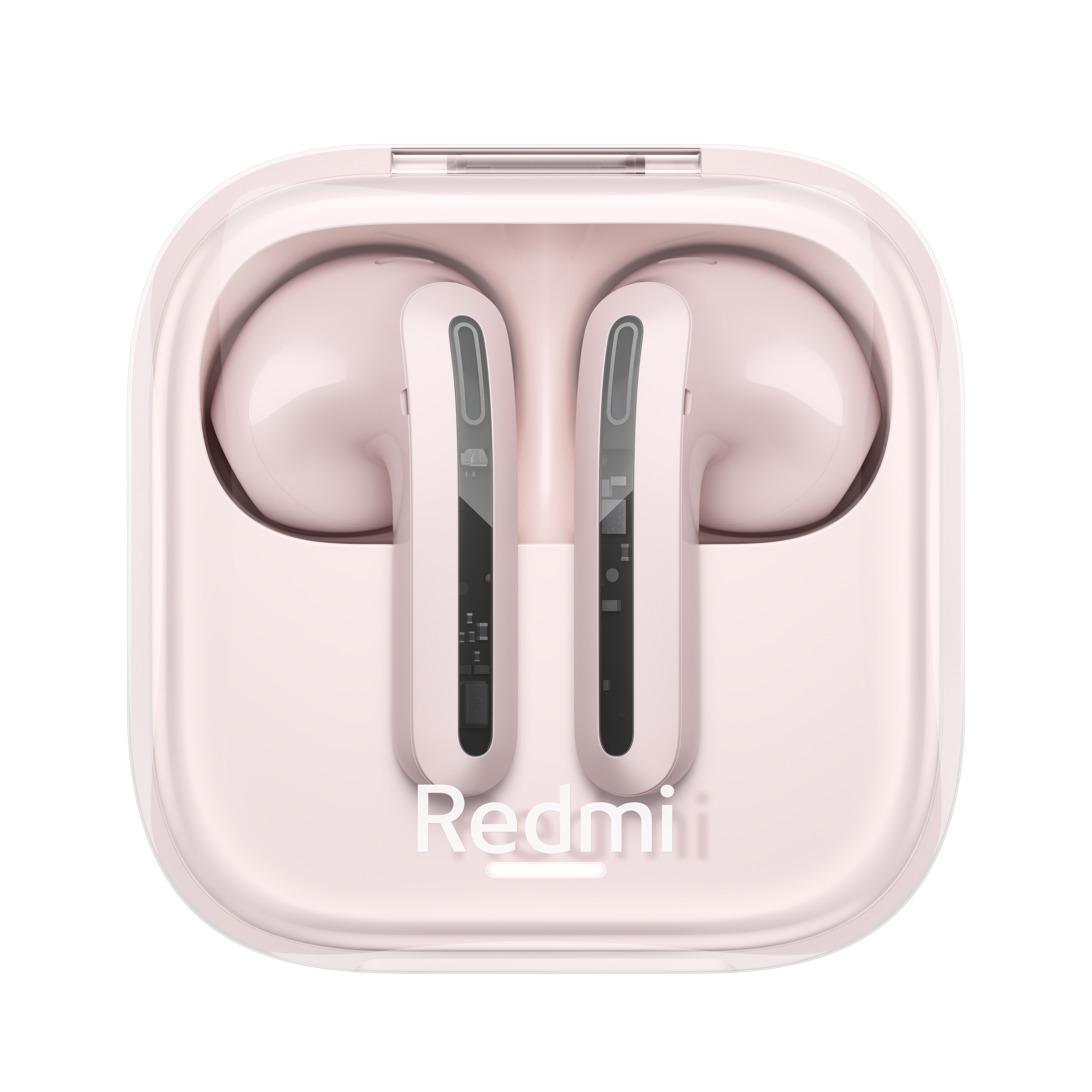 Siyah bir arka plan üzerinde bir şarj kutusunda pembe Redmi kulaklıklar. Kulaklıklar açık pembedir.
