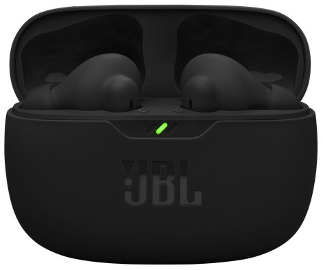 Zbliżenie czarnych bezprzewodowych słuchawek dousznych w czarnym etui ładującym.