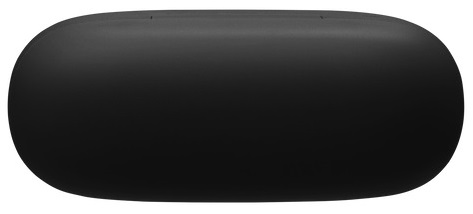 Zbliżenie czarnego etui ładującego, gładkiego i zaokrąglonego, do bezprzewodowych słuchawek.