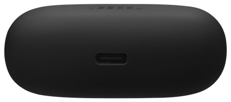 Czarne etui ładujące z portem USB-C. Etui jest gładkie i owalne, przeznaczone do słuchawek.