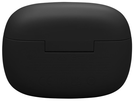 Czarne, zaokrąglone prostokątne etui do ładowania słuchawek. Etui jest zamknięte. Powierzchnia jest matowa.