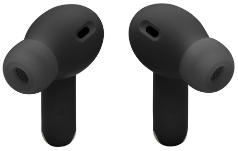 Dwa czarne bezprzewodowe słuchawki douszne z końcówkami. Każdy z małym otworem na mikrofon.