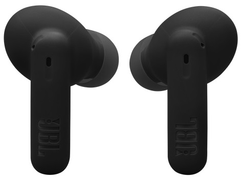 Dwa czarne słuchawki JBL. Każda ma trzon z logo JBL.