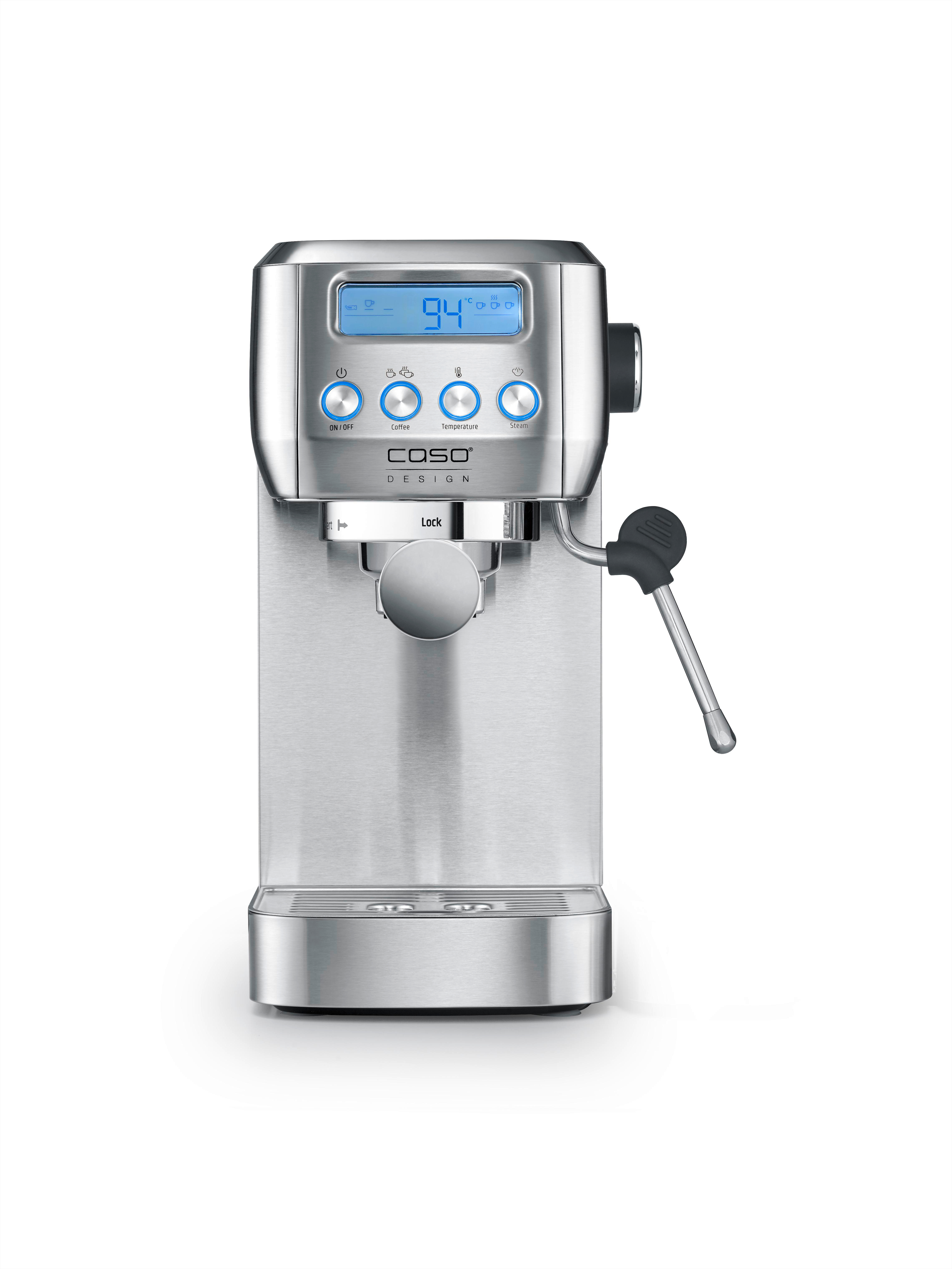 Eine Espressomaschine aus Edelstahl mit Digitalanzeige und Knöpfen. Sie hat eine Dampflanze.