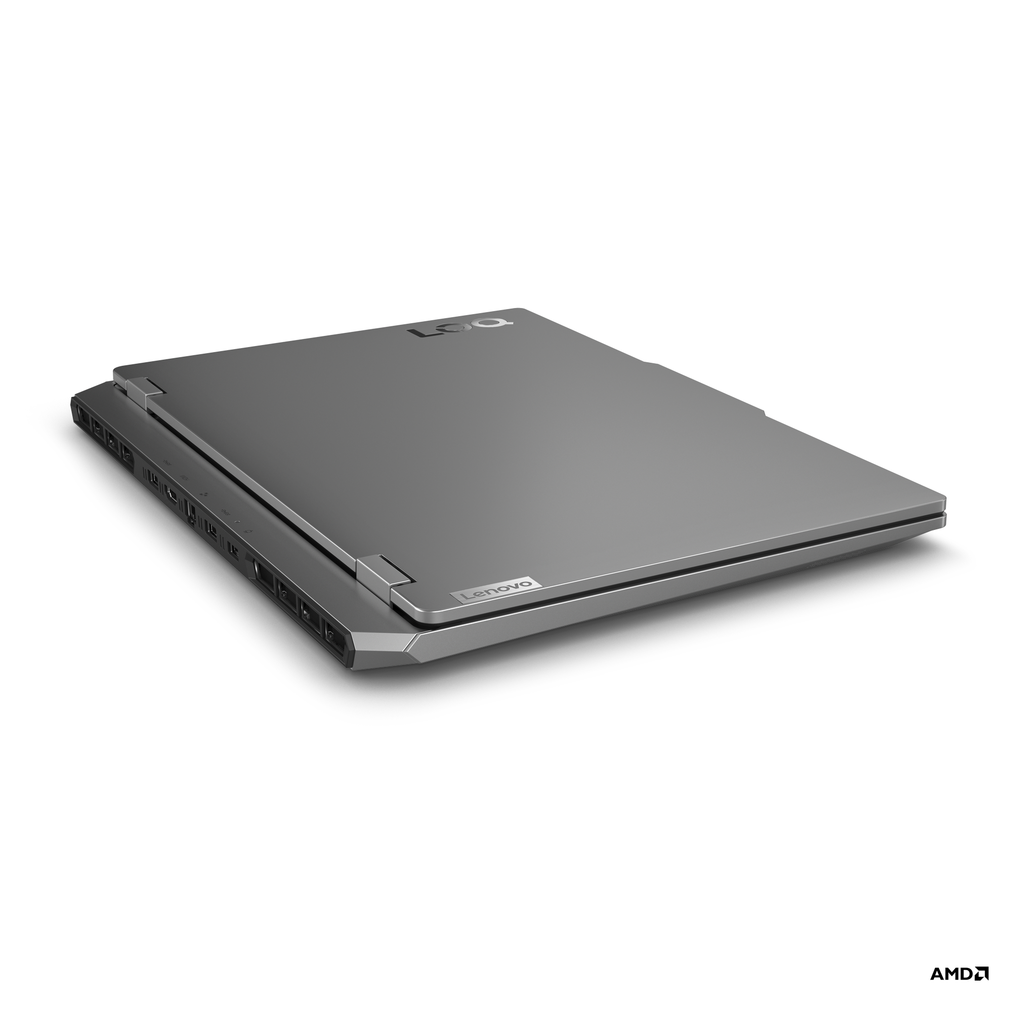 Gri bir Lenovo dizüstü bilgisayar. Kapalı ve açılı, üst ve yan tarafı gösteriyor.