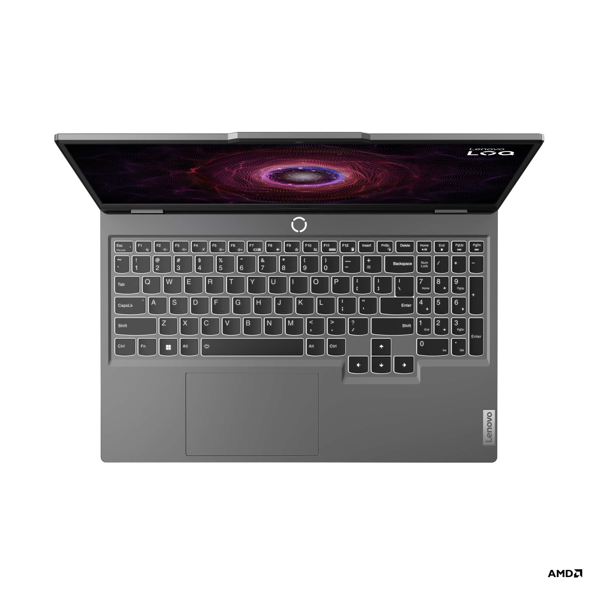 Koyu gri dizüstü bilgisayar, klavye görünümü. Sağ altta Lenovo logosu.
