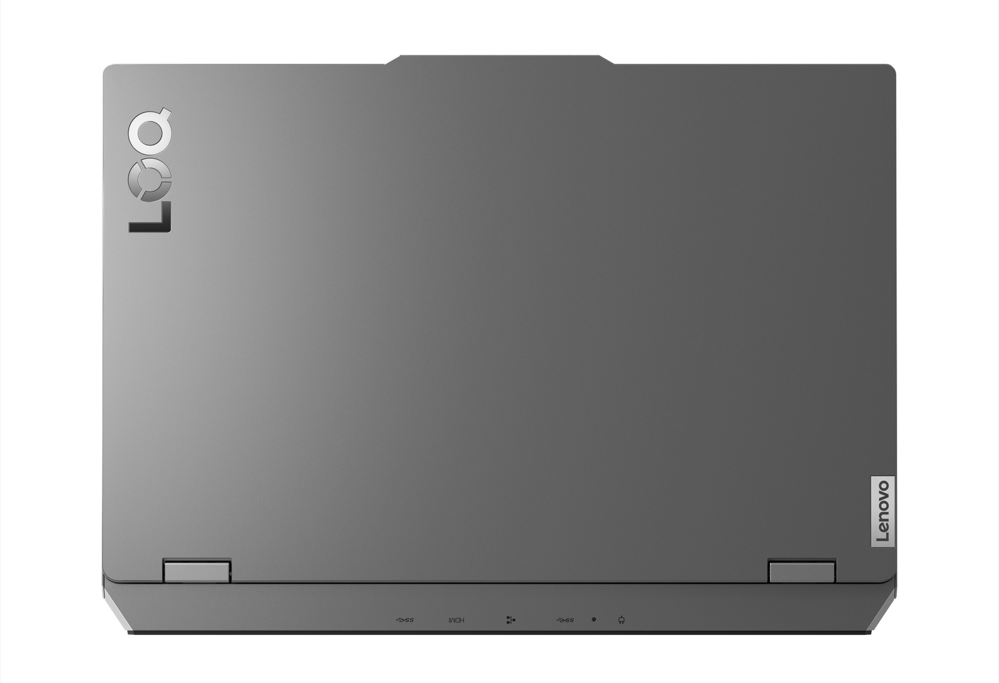 Szary laptop, widok z góry, logo Legion, widoczna marka Lenovo.