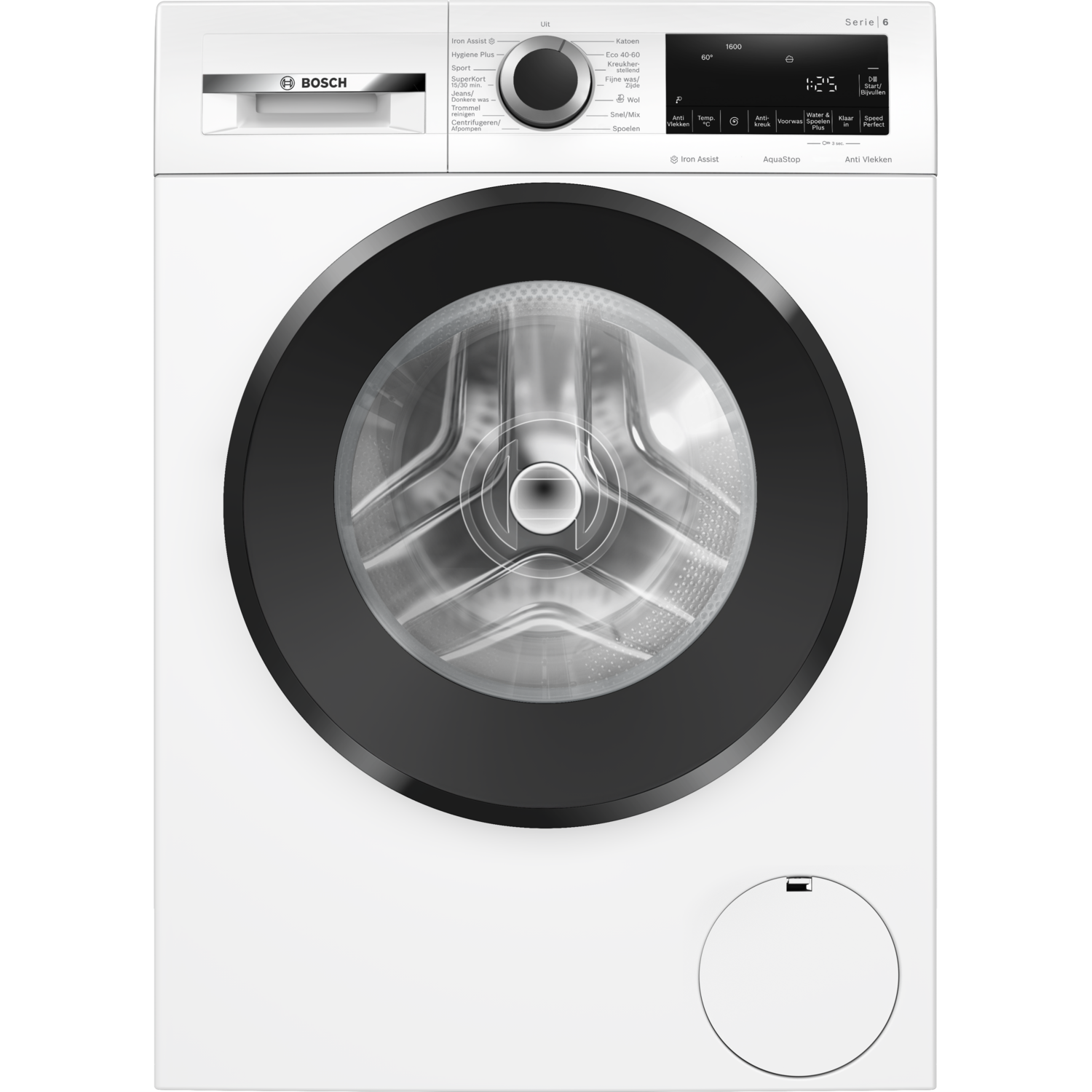 Wasmachine wit met zwarte deur. Bedieningspaneel boven, kleine deur onder.