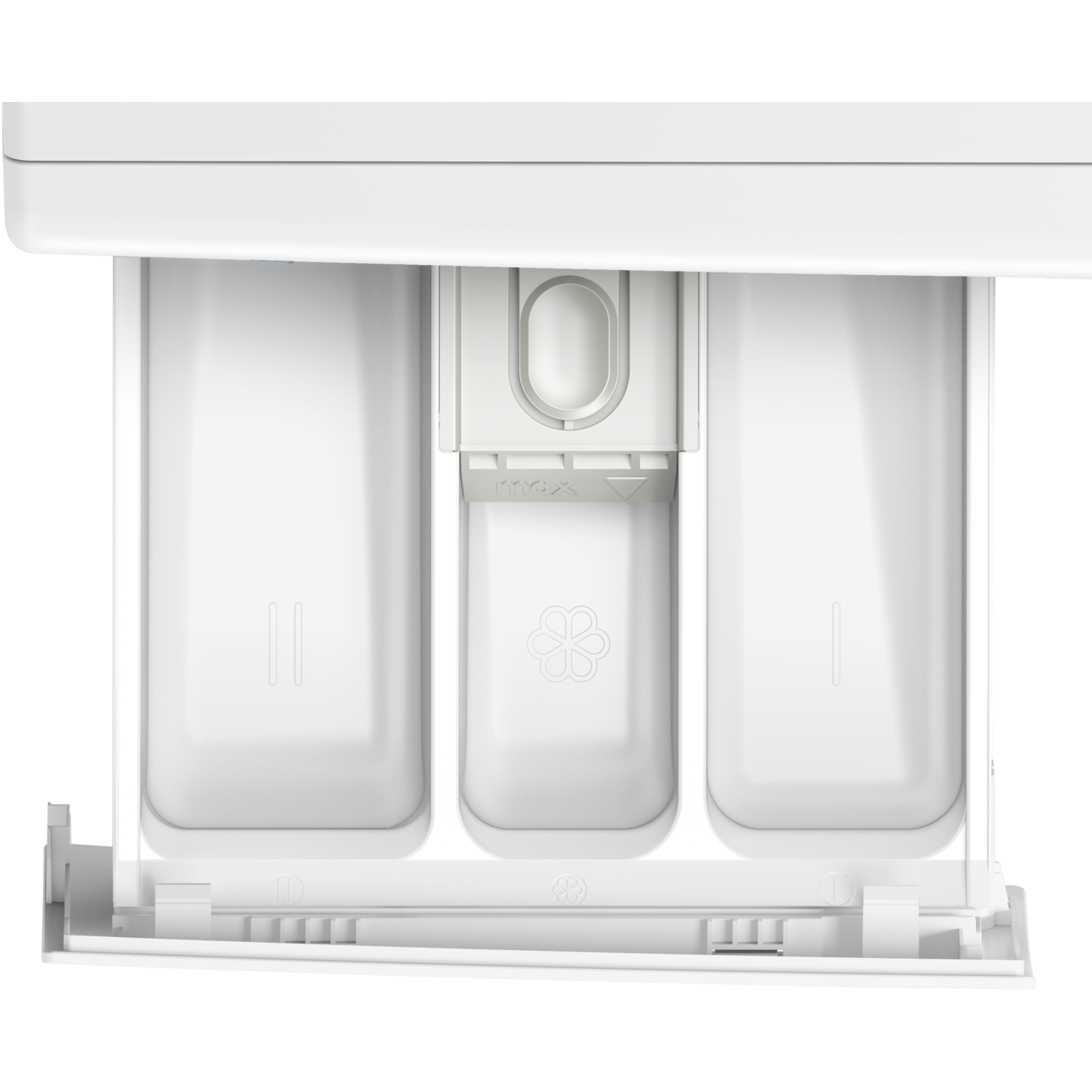Een witte wasmiddeldispenser. Toont compartimenten voor verschillende wasmiddelen.