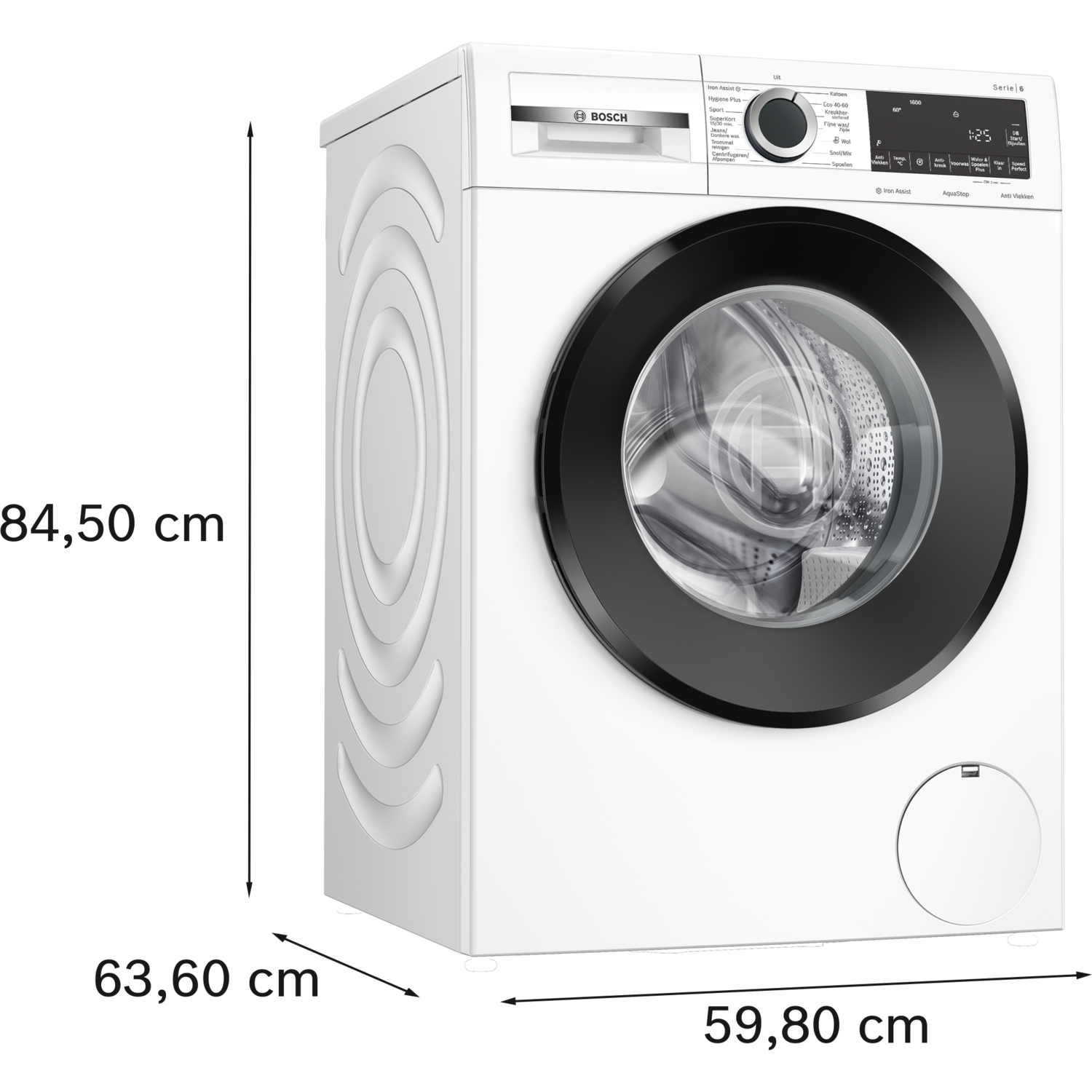 Witte Bosch wasmachine met een zwarte deur en bedieningspaneel, schuine weergave.