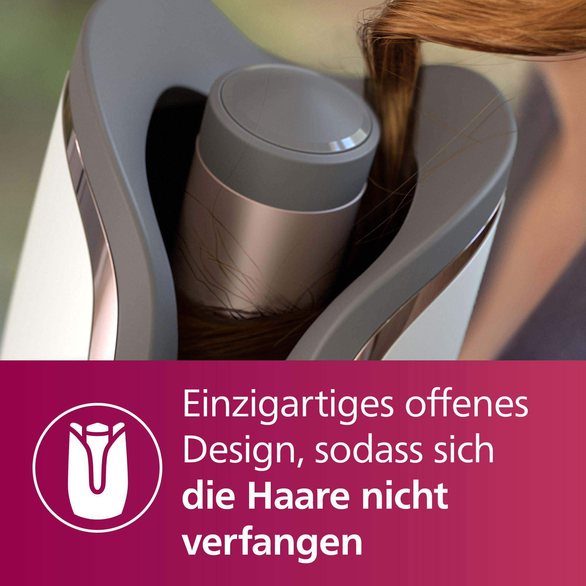 Nahaufnahme eines Lockenstabes mit gelocktem Haar. Text sagt: 'Einzigartiges offenes Design, damit sich das Haar nicht verfängt.'