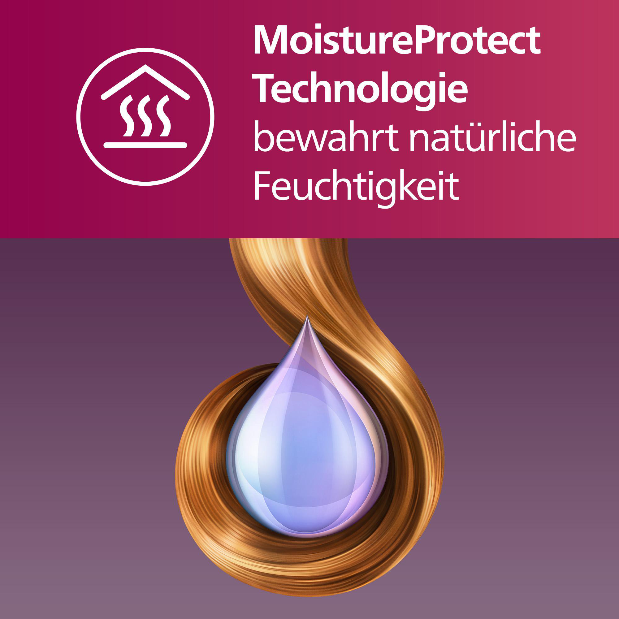 Bild zeigt Haar mit Wassertropfen und Text über MoistureProtect-Technologie.