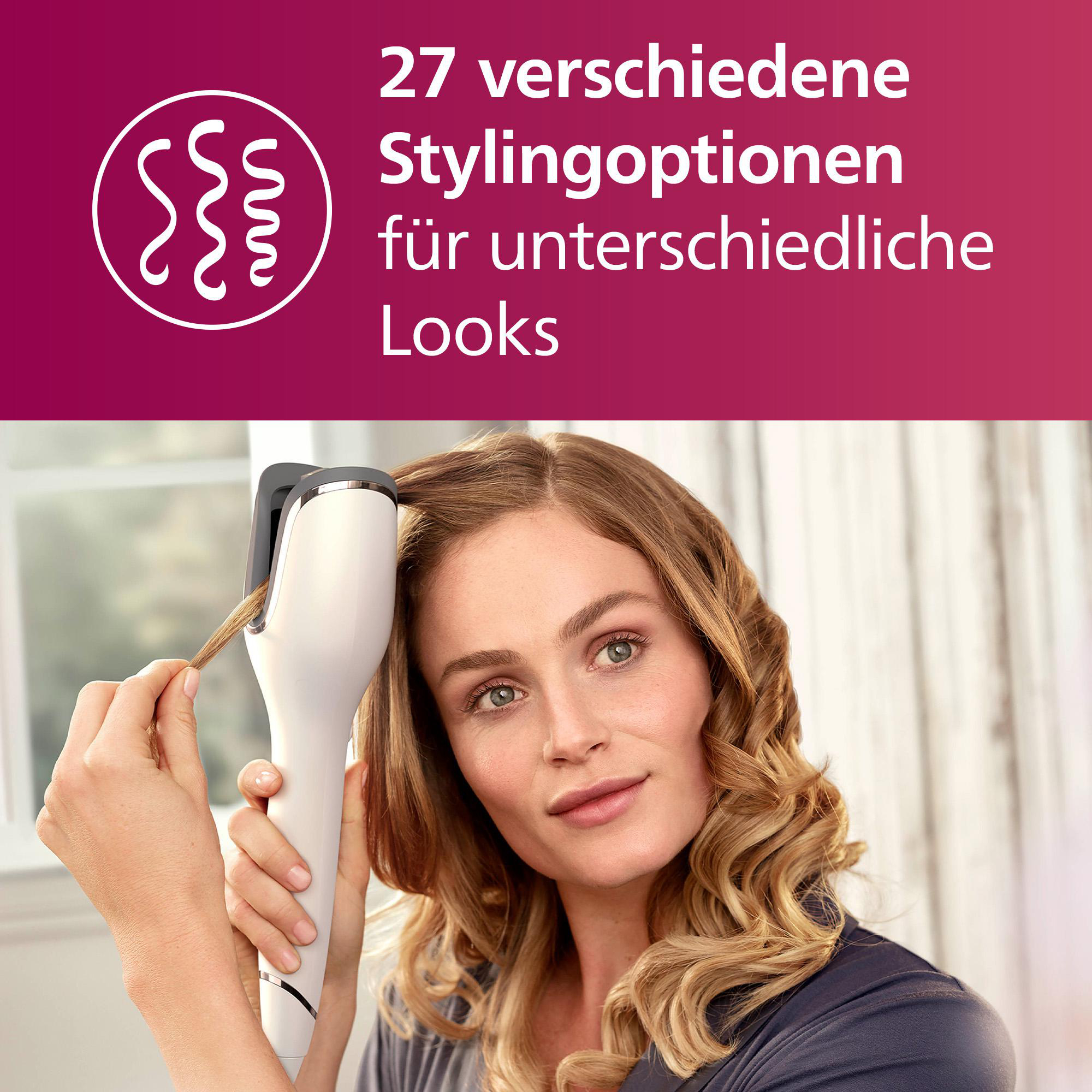Frau lockt ihr Haar mit einem weiß-schwarzen Lockenstab. Text steht oben.