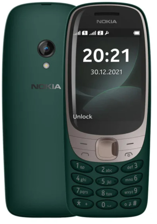 Zielony telefon Nokia z czarnym ekranem pokazującym godzinę i datę. Telefon jest na białym tle.