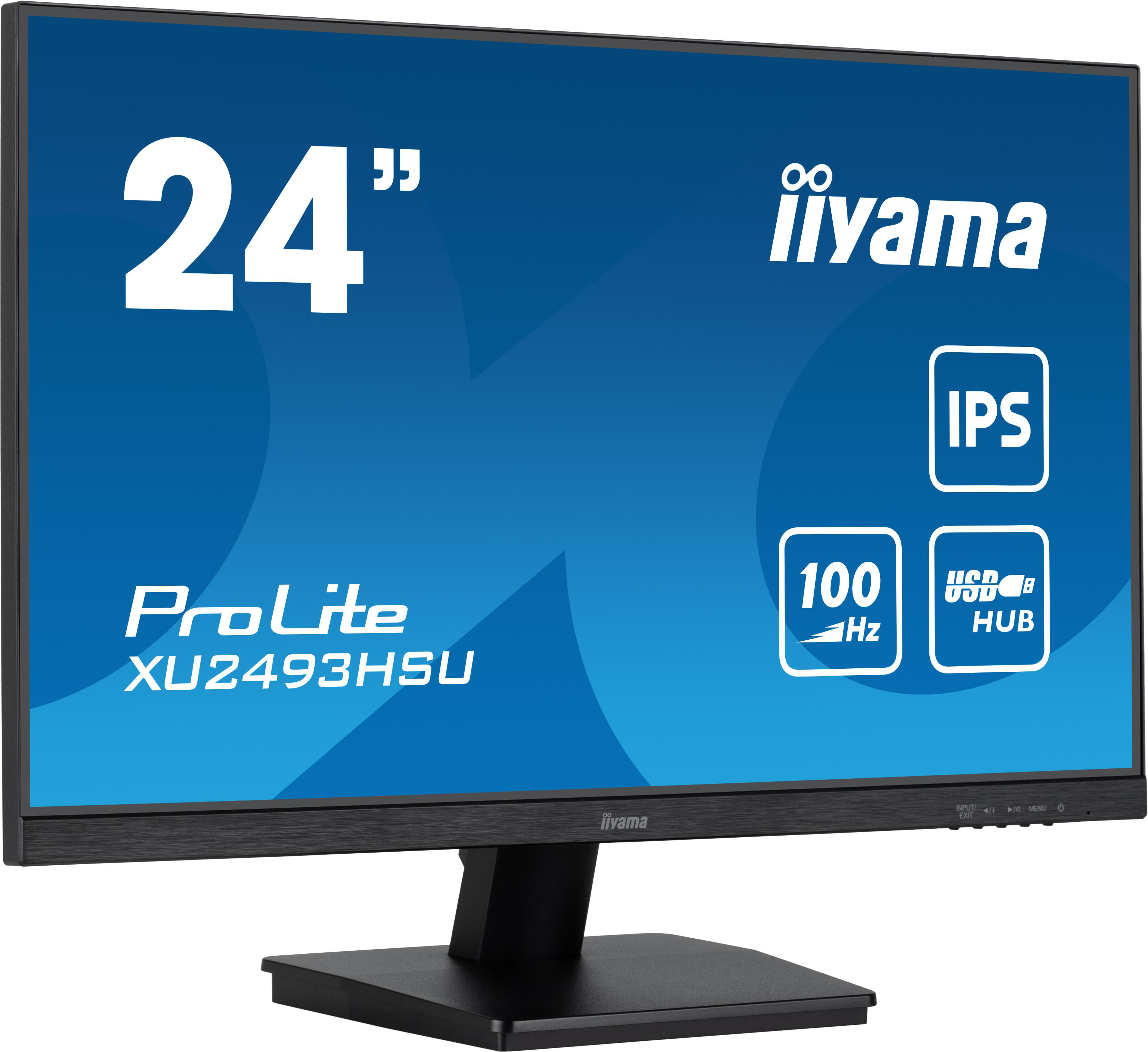 24-Zoll iiyama Monitor mit schwarzem Rahmen und Standfuß. Text: ProLite XU2493HSU.